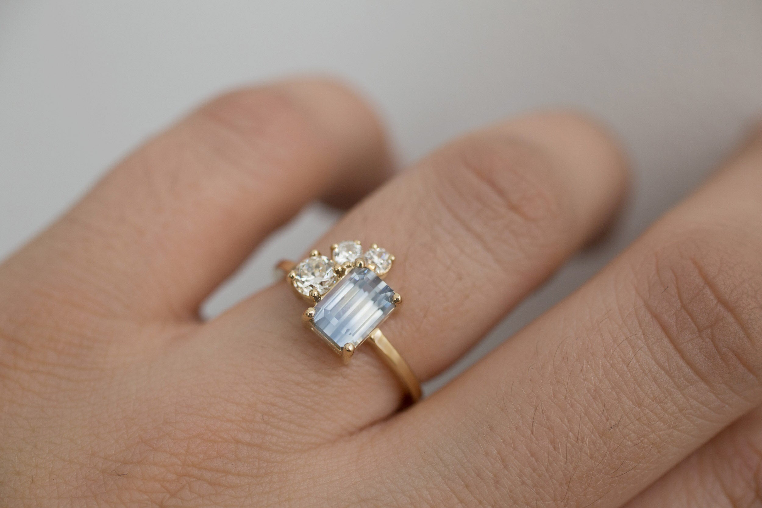 Adra Ring | Bicolor Emerald Cut Sapphire + Old European Cut Diamond Cluster Engagement Ring 1.77 ct | 14k Recycled Gold | One of a Kind