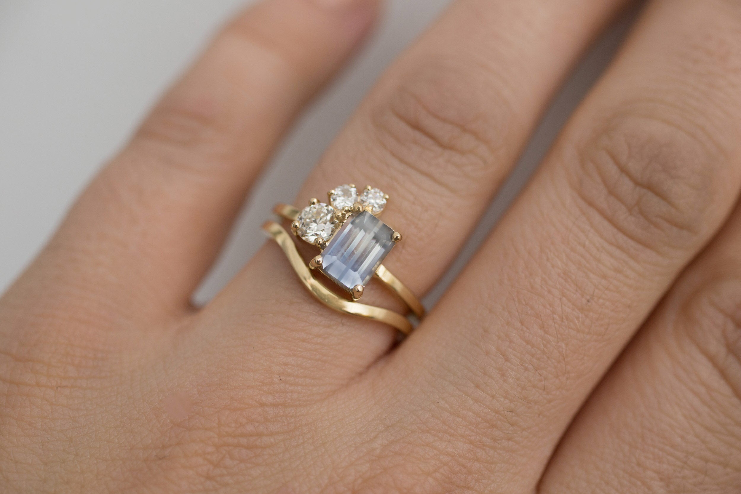 Adra Ring | Bicolor Emerald Cut Sapphire + Old European Cut Diamond Cluster Engagement Ring 1.77 ct | 14k Recycled Gold | One of a Kind
