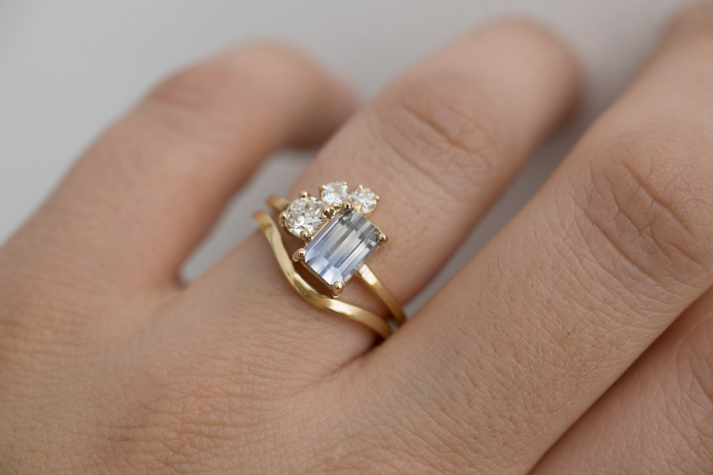 Adra Ring | Bicolor Emerald Cut Sapphire + Old European Cut Diamond Cluster Engagement Ring 1.77 ct | 14k Recycled Gold | One of a Kind