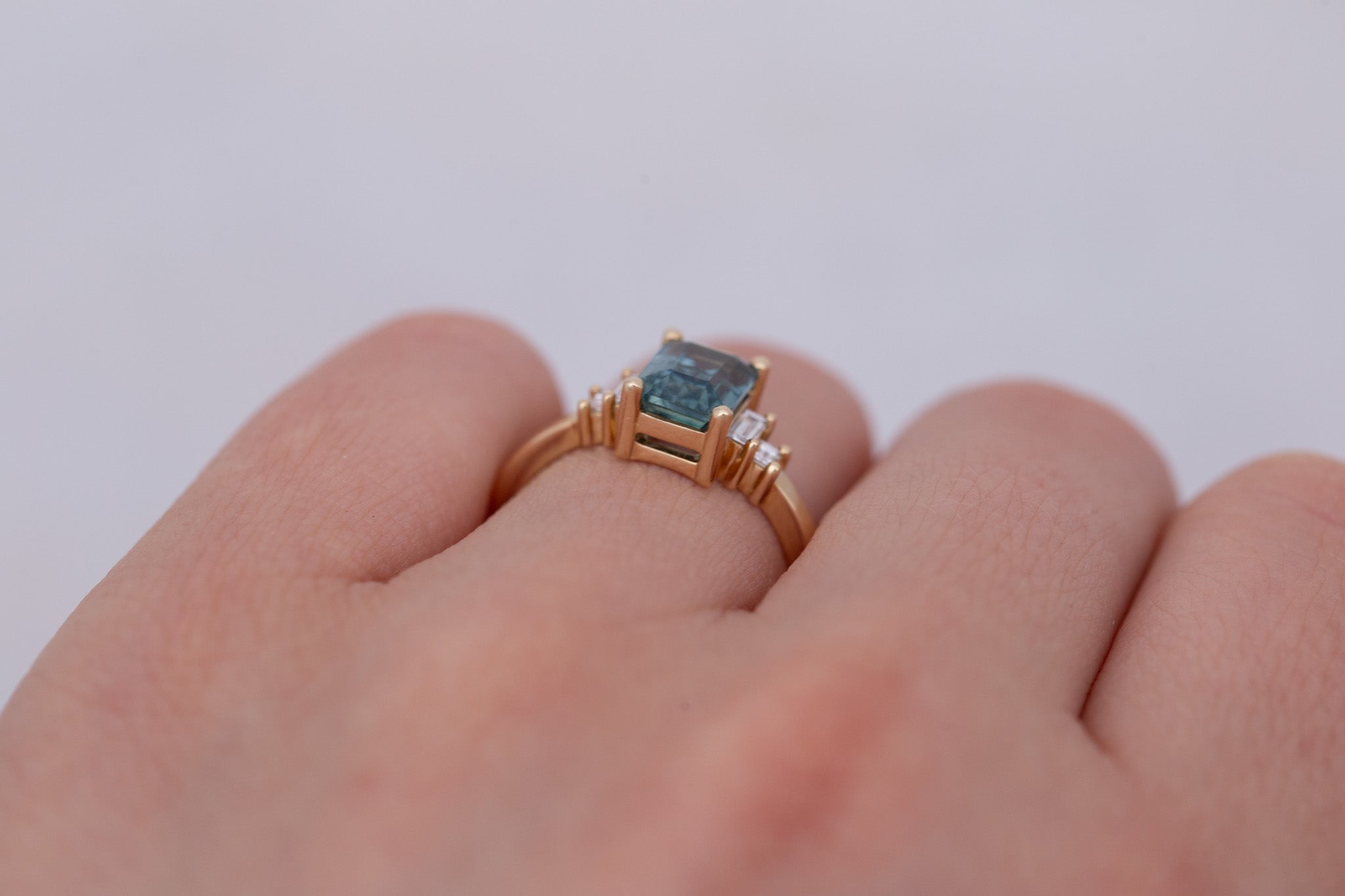 Ash Ring | Teal Montana Emerald Cut Sapphire + Diamond Baguette Engagement Ring 1.78 ct | 14k Recycled Gold | One of a Kind