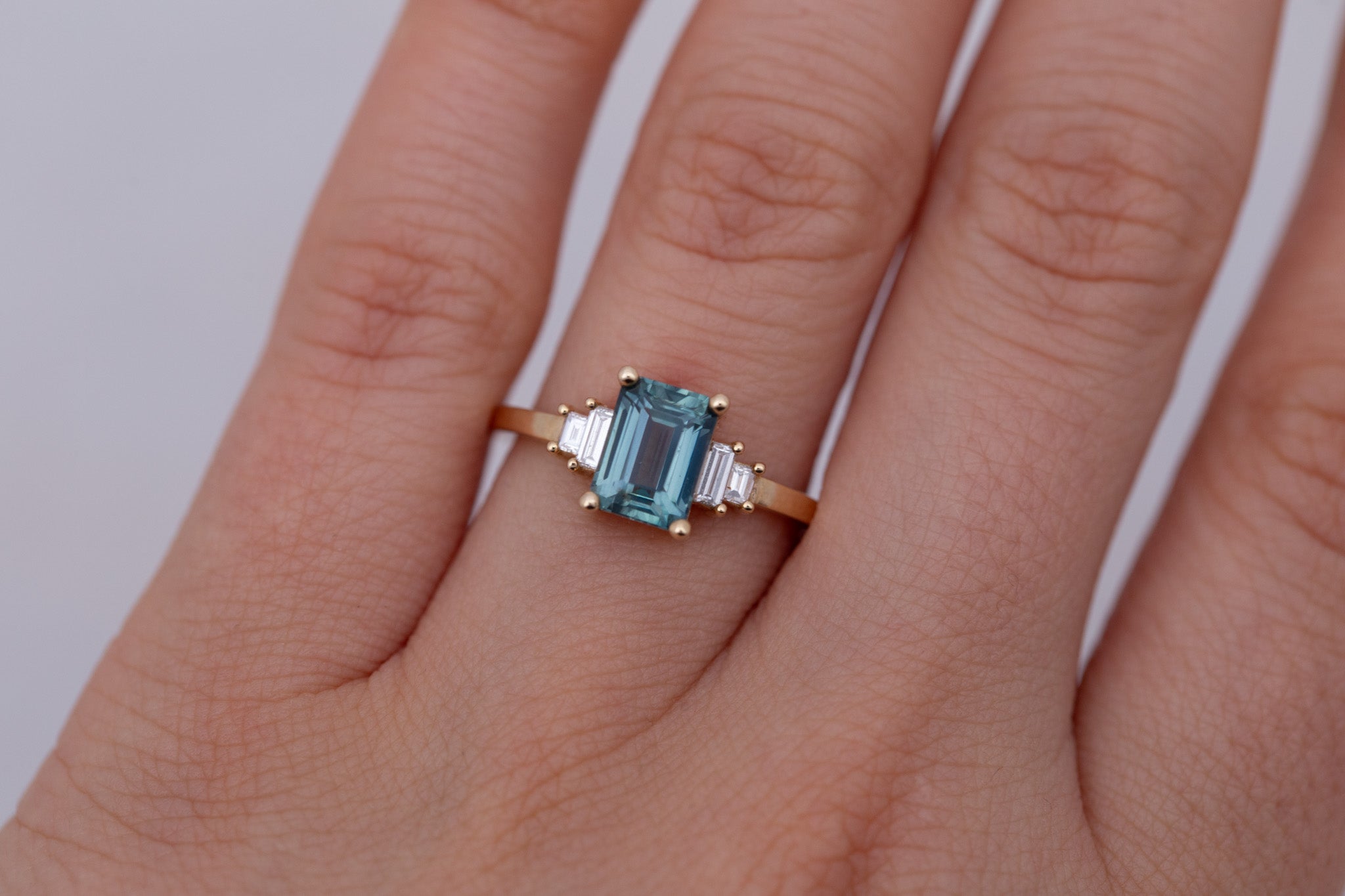 Ash Ring | Teal Montana Emerald Cut Sapphire + Diamond Baguette Engagement Ring 1.78 ct | 14k Recycled Gold | One of a Kind