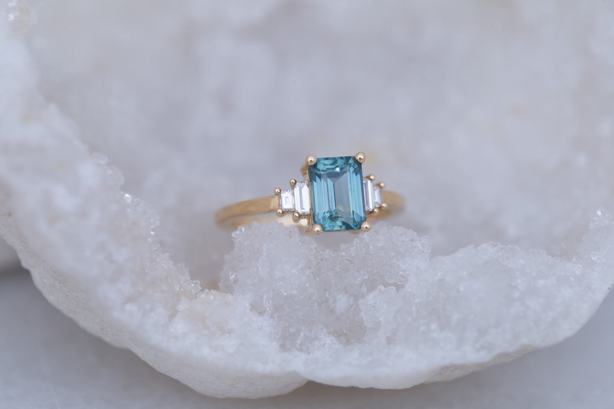 Ash Ring | Teal Montana Emerald Cut Sapphire + Diamond Baguette Engagement Ring 1.78 ct | 14k Recycled Gold | One of a Kind