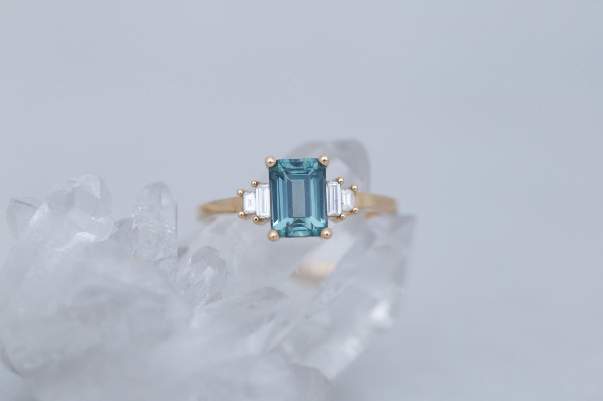 Ash Ring | Teal Montana Emerald Cut Sapphire + Diamond Baguette Engagement Ring 1.78 ct | 14k Recycled Gold | One of a Kind