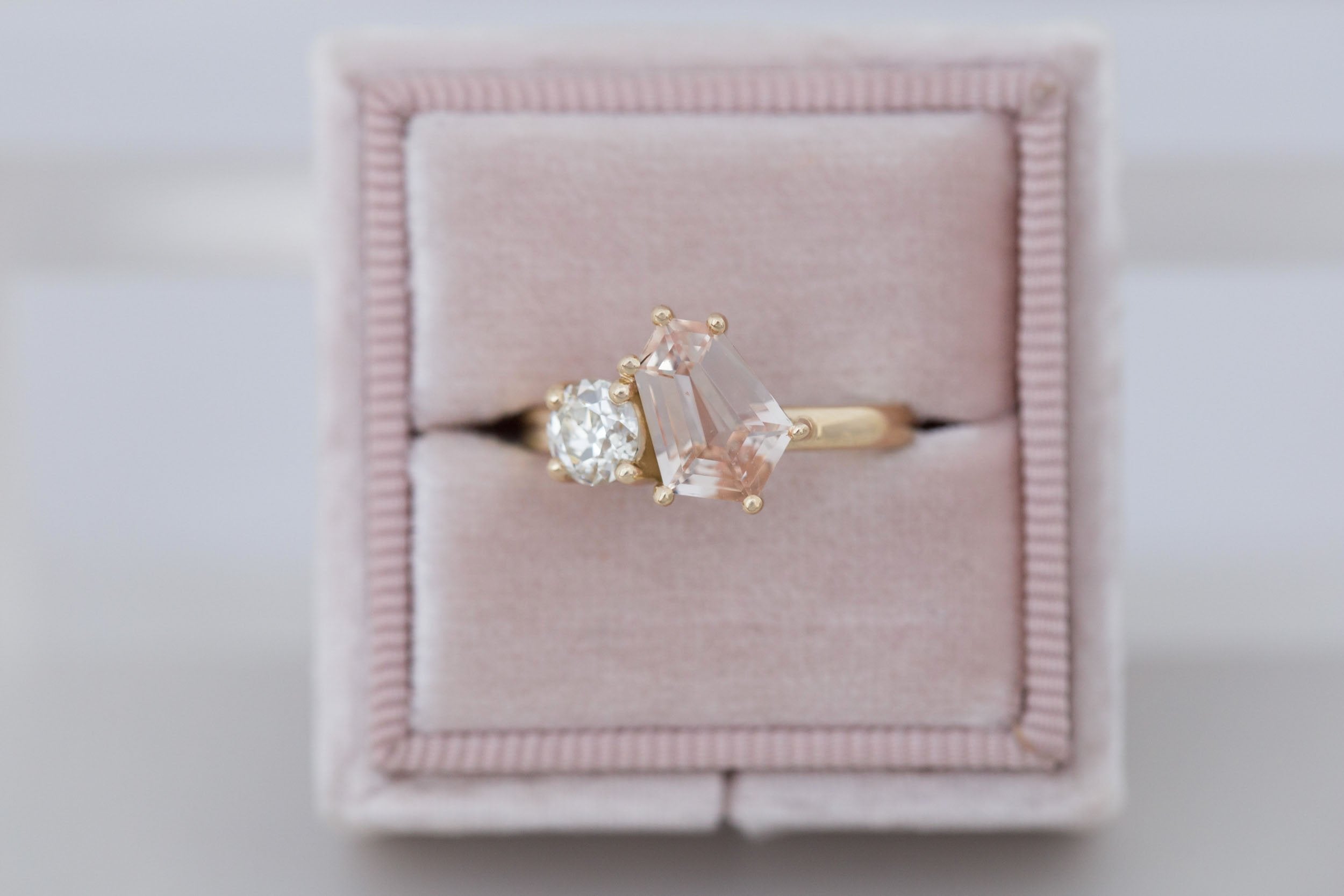 Liana Ring | Peach Geometric Step Cut Sapphire + Round Diamond Engagement Ring 1.80 ct | 14k Recycled Gold | One of a Kind