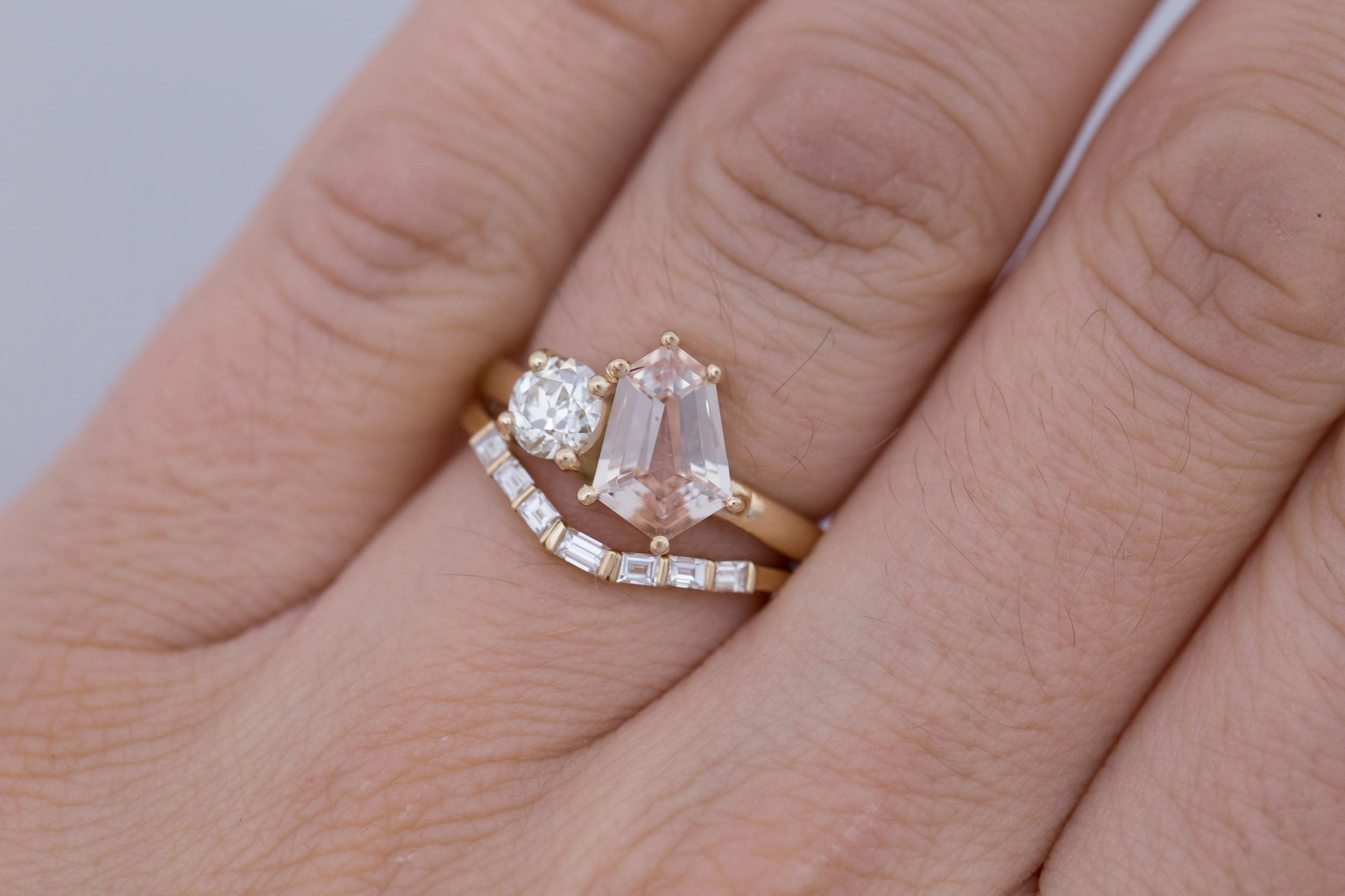 Liana Ring | Peach Geometric Step Cut Sapphire + Round Diamond Engagement Ring 1.80 ct | 14k Recycled Gold | One of a Kind