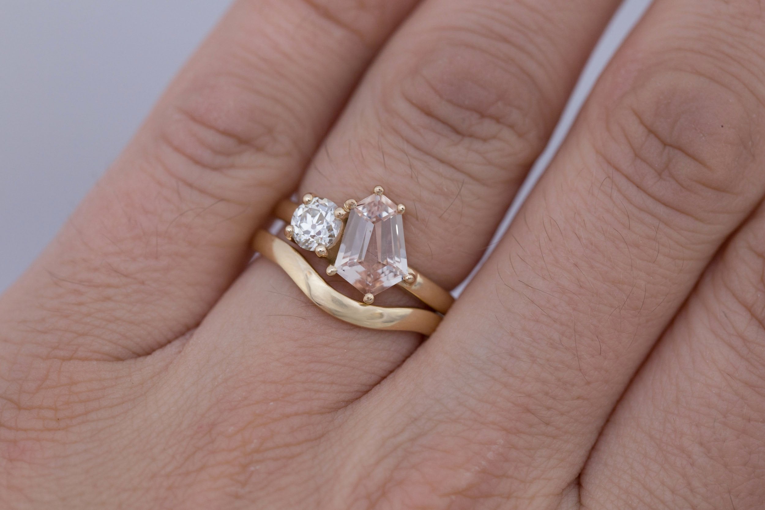 Liana Ring | Peach Geometric Step Cut Sapphire + Round Diamond Engagement Ring 1.80 ct | 14k Recycled Gold | One of a Kind