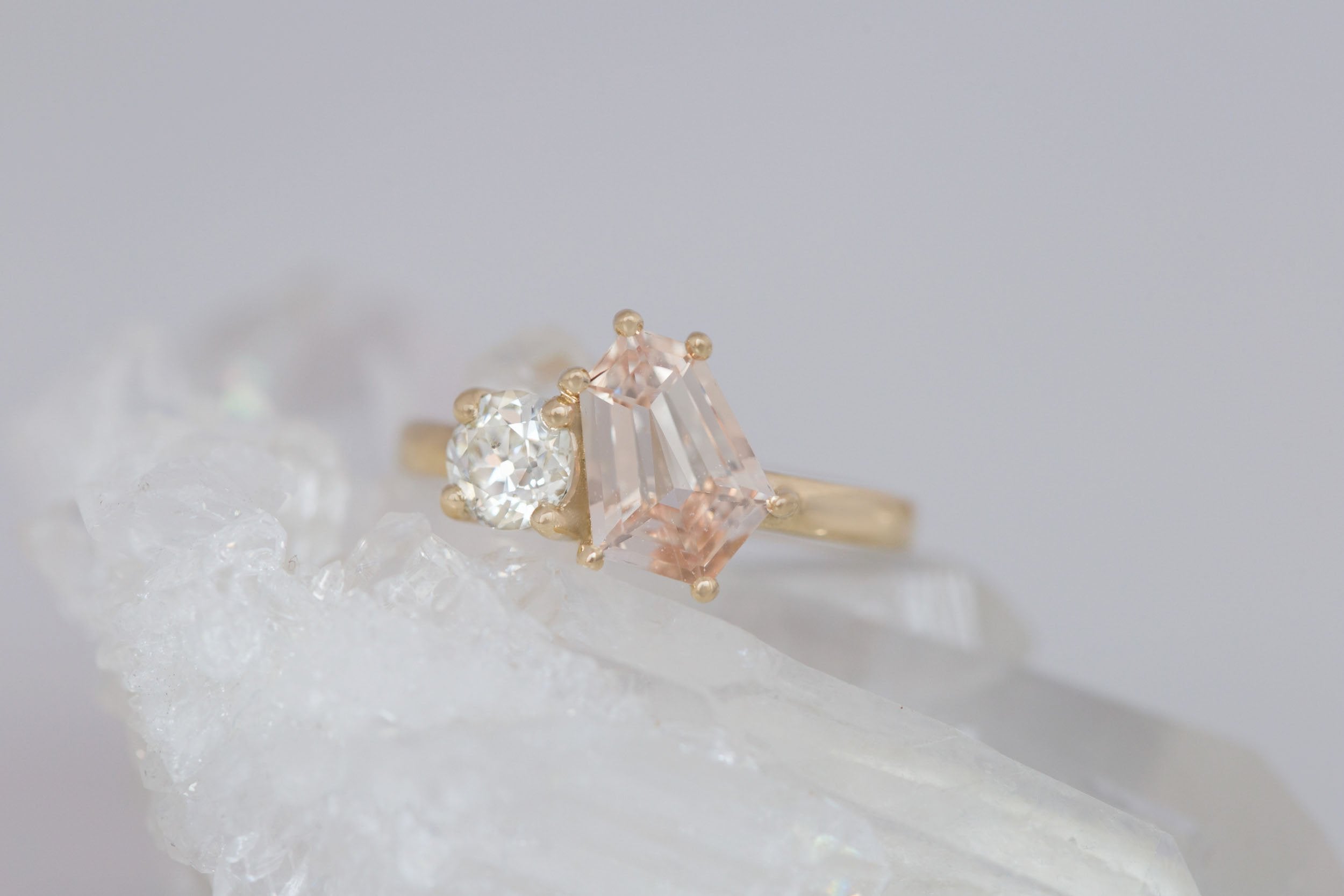 Liana Ring | Peach Geometric Step Cut Sapphire + Round Diamond Engagement Ring 1.80 ct | 14k Recycled Gold | One of a Kind