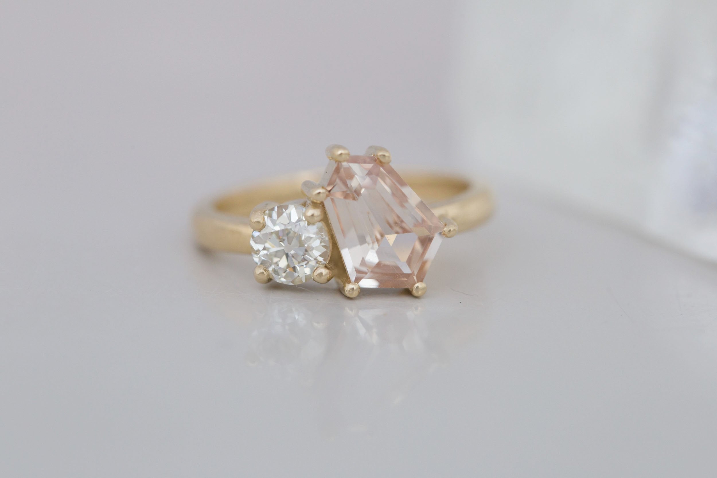 Liana Ring | Peach Geometric Step Cut Sapphire + Round Diamond Engagement Ring 1.80 ct | 14k Recycled Gold | One of a Kind