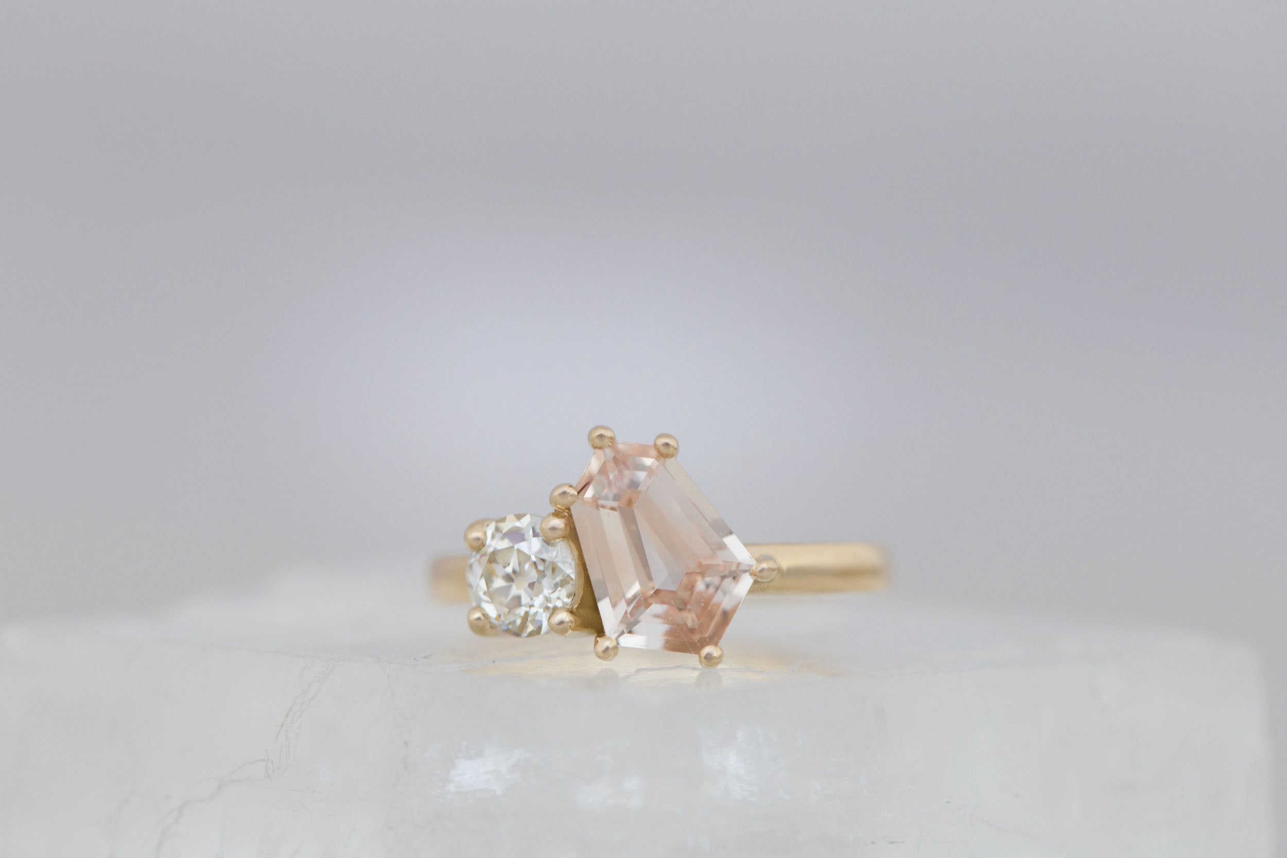Liana Ring | Peach Geometric Step Cut Sapphire + Round Diamond Engagement Ring 1.80 ct | 14k Recycled Gold | One of a Kind