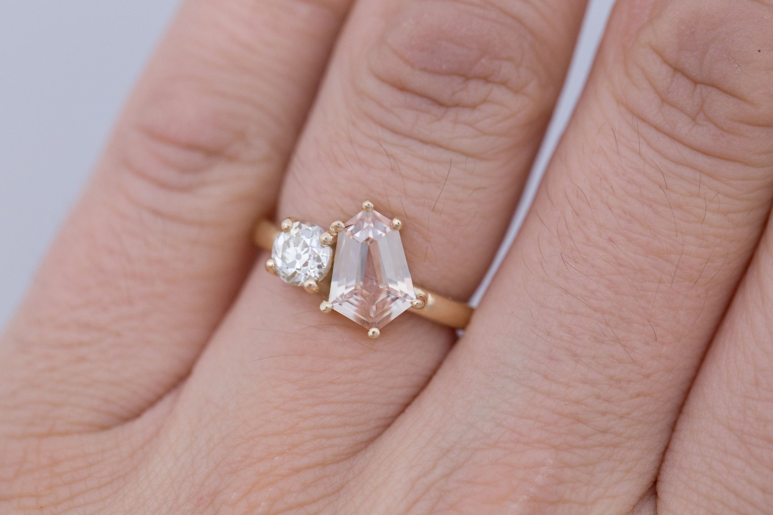 Liana Ring | Peach Geometric Step Cut Sapphire + Round Diamond Engagement Ring 1.80 ct | 14k Recycled Gold | One of a Kind