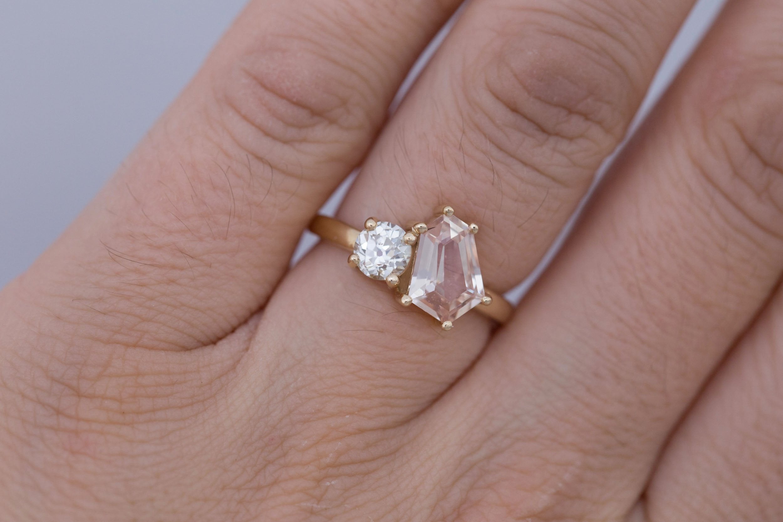 Liana Ring | Peach Geometric Step Cut Sapphire + Round Diamond Engagement Ring 1.80 ct | 14k Recycled Gold | One of a Kind