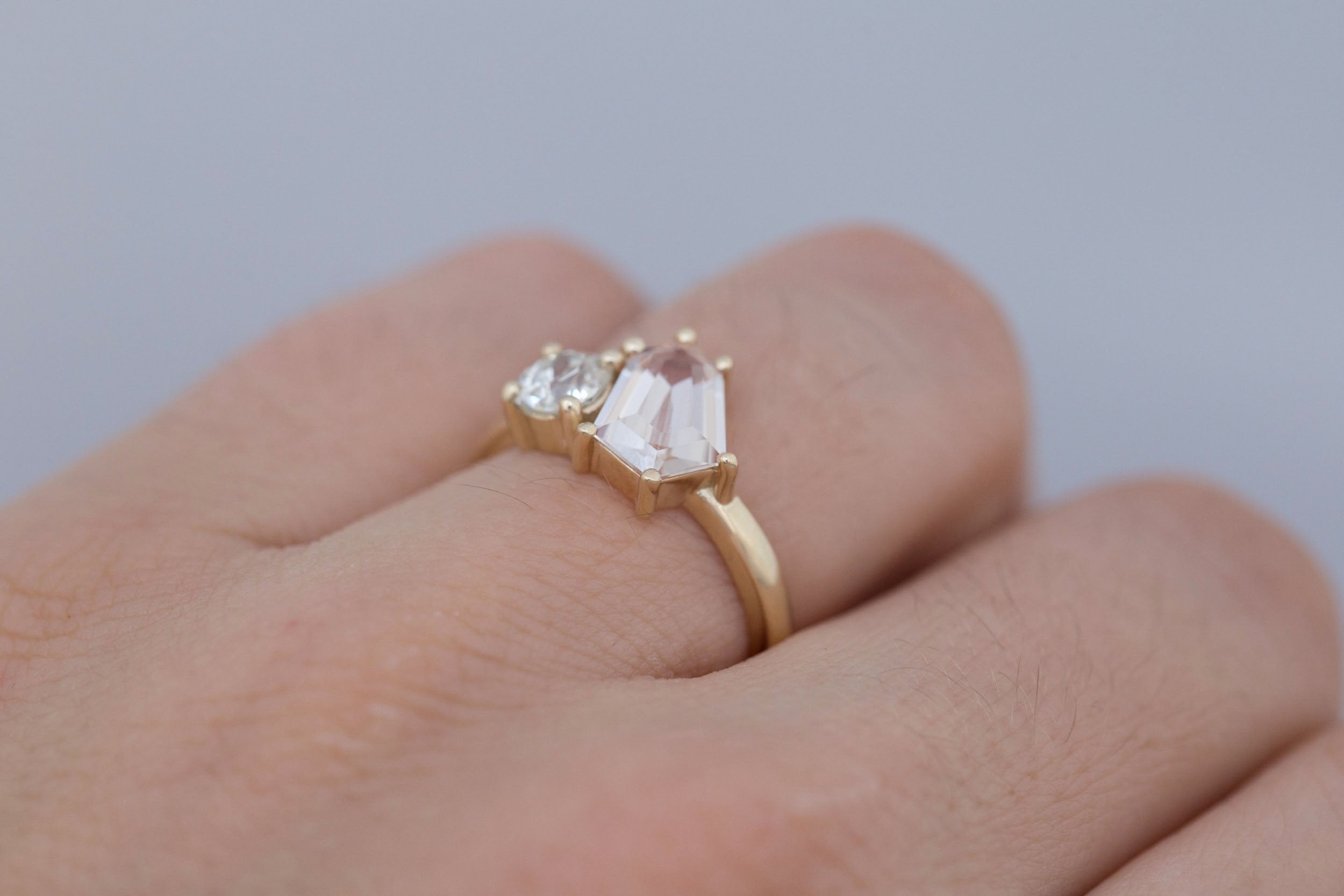 Liana Ring | Peach Geometric Step Cut Sapphire + Round Diamond Engagement Ring 1.80 ct | 14k Recycled Gold | One of a Kind