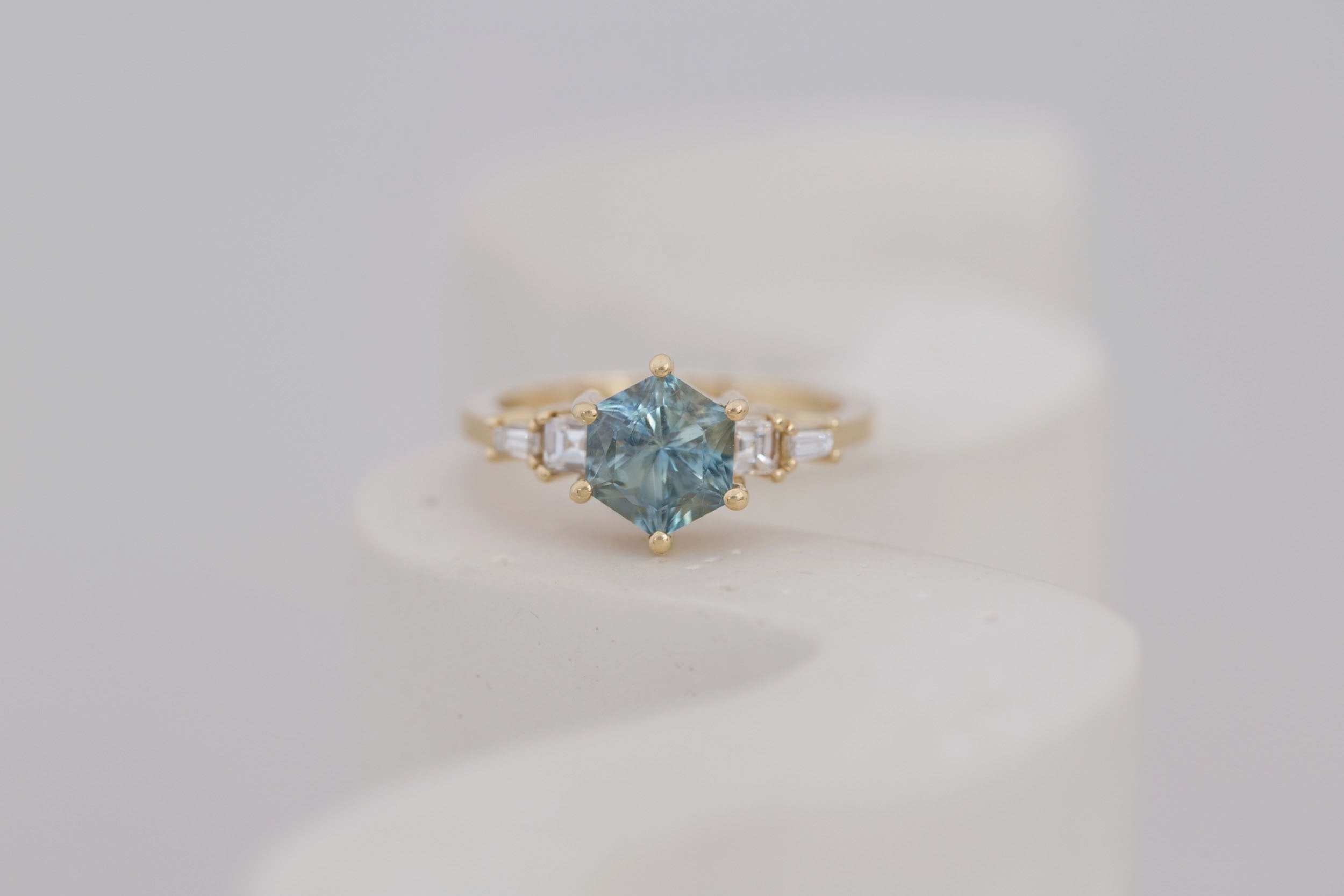 Mira Ring | Mint Montana Hexagon Sapphire + Diamond Step Cut Accent Engagement Ring 1.82 ct | 14k Recycled Gold | One of a Kind