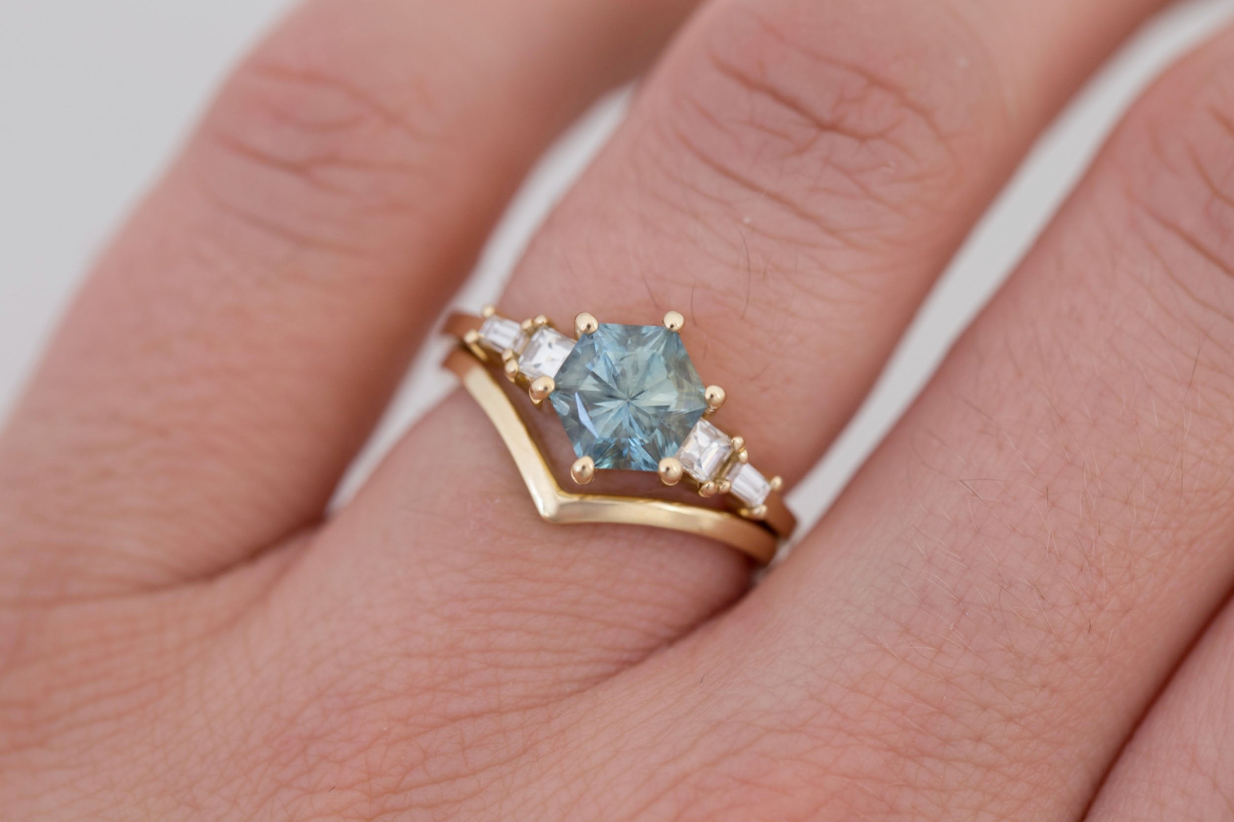 Mira Ring | Mint Montana Hexagon Sapphire + Diamond Step Cut Accent Engagement Ring 1.82 ct | 14k Recycled Gold | One of a Kind