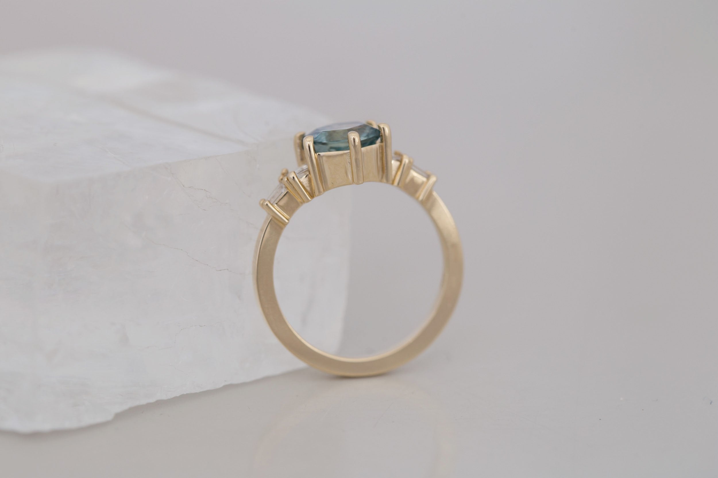 Mira Ring | Mint Montana Hexagon Sapphire + Diamond Step Cut Accent Engagement Ring 1.82 ct | 14k Recycled Gold | One of a Kind
