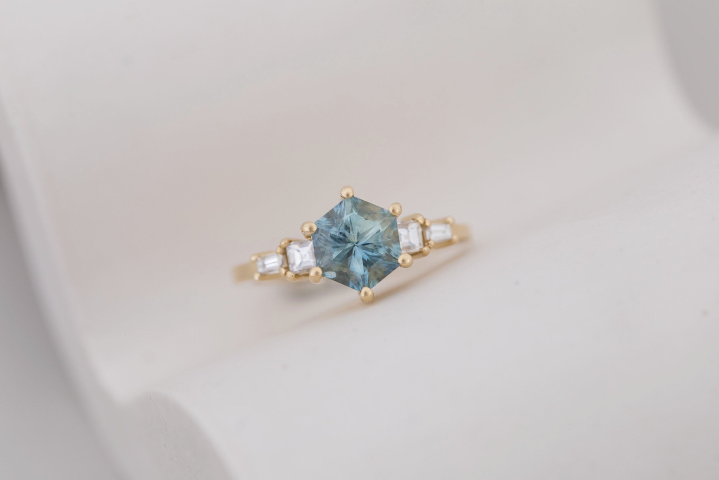 Mira Ring | Mint Montana Hexagon Sapphire + Diamond Step Cut Accent Engagement Ring 1.82 ct | 14k Recycled Gold | One of a Kind