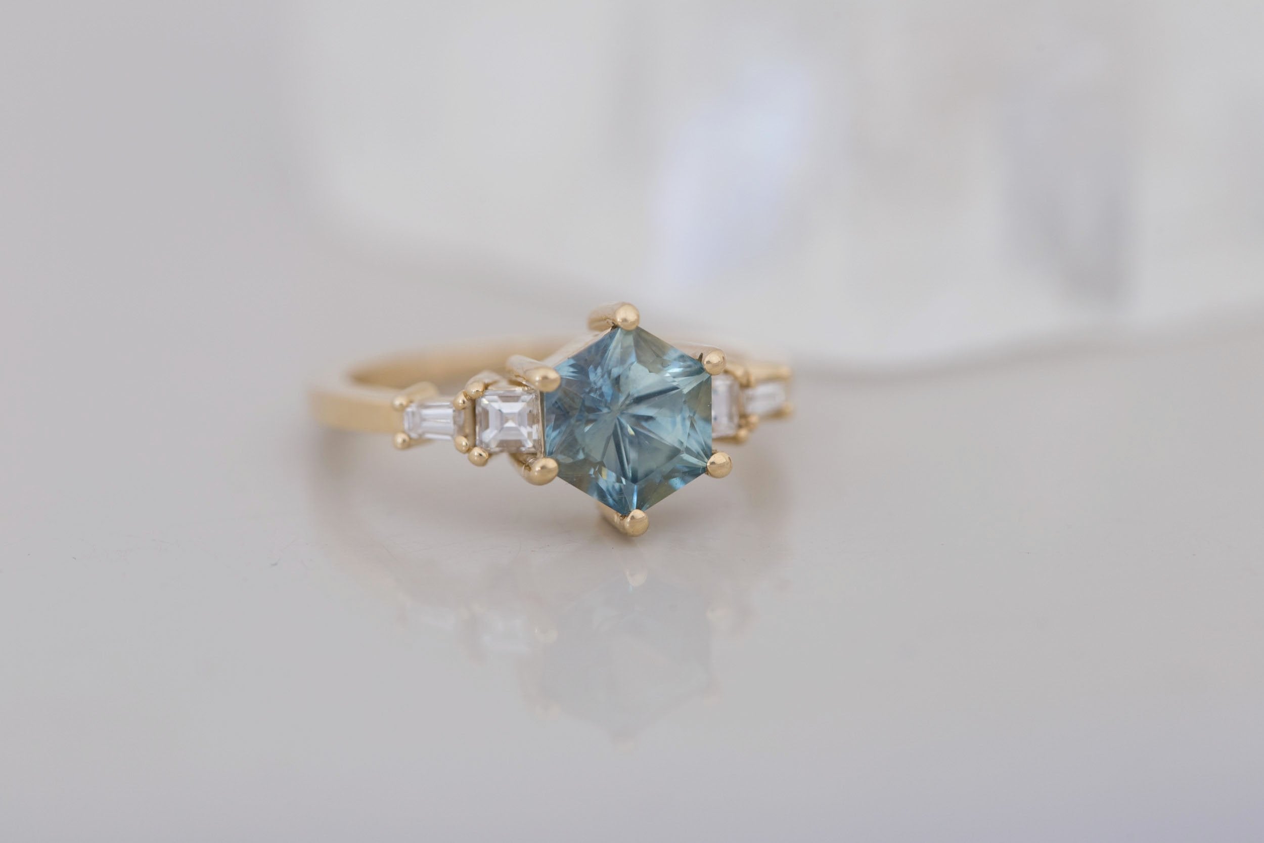 Mira Ring | Mint Montana Hexagon Sapphire + Diamond Step Cut Accent Engagement Ring 1.82 ct | 14k Recycled Gold | One of a Kind
