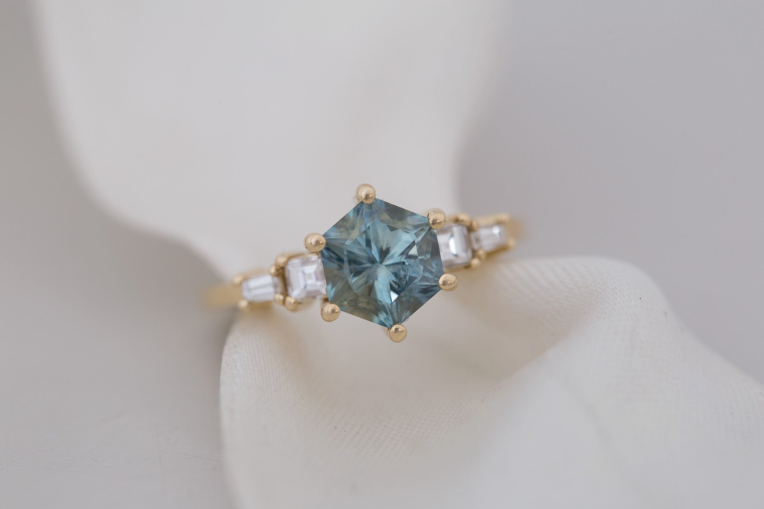 Mira Ring | Mint Montana Hexagon Sapphire + Diamond Step Cut Accent Engagement Ring 1.82 ct | 14k Recycled Gold | One of a Kind