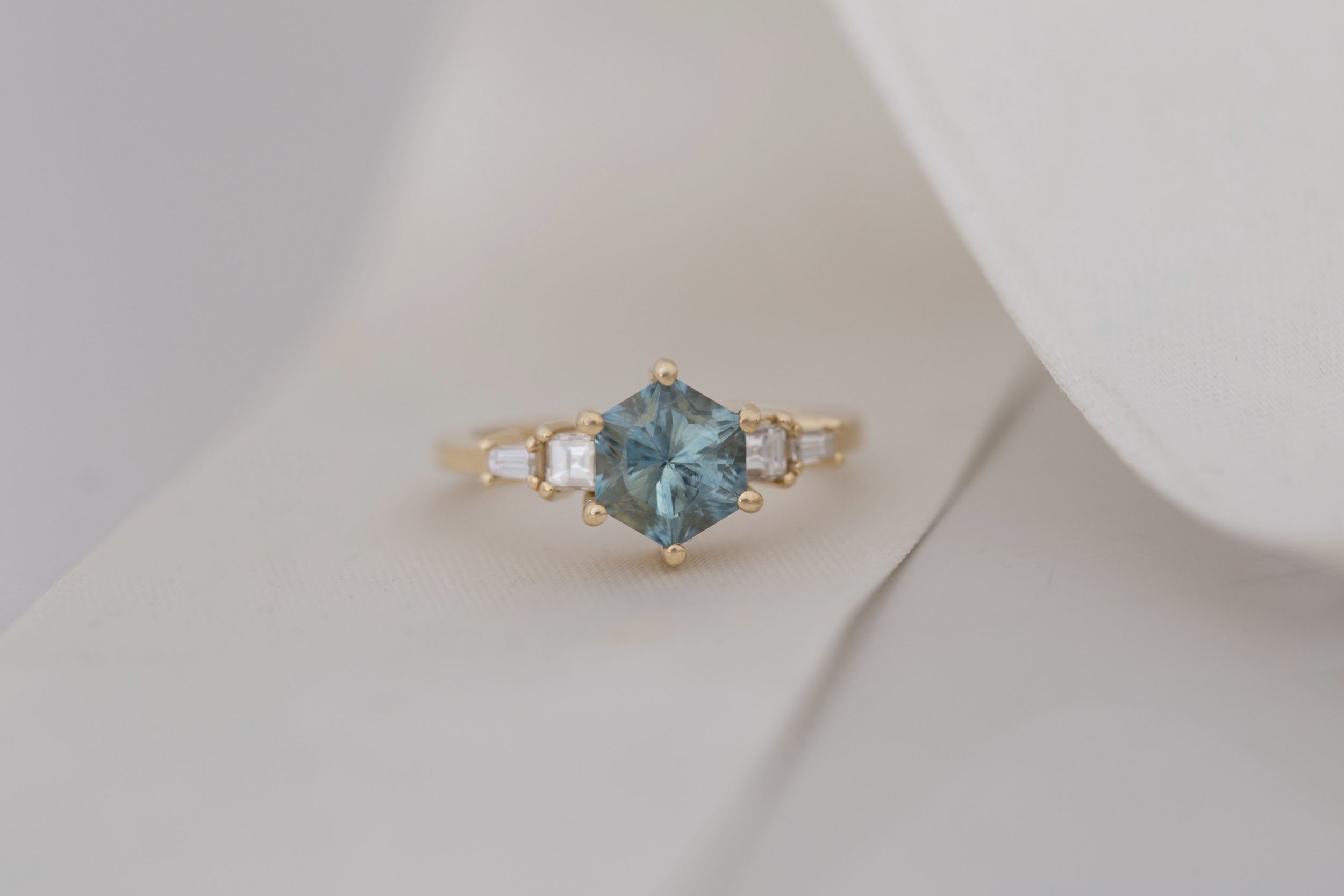 Mira Ring | Mint Montana Hexagon Sapphire + Diamond Step Cut Accent Engagement Ring 1.82 ct | 14k Recycled Gold | One of a Kind