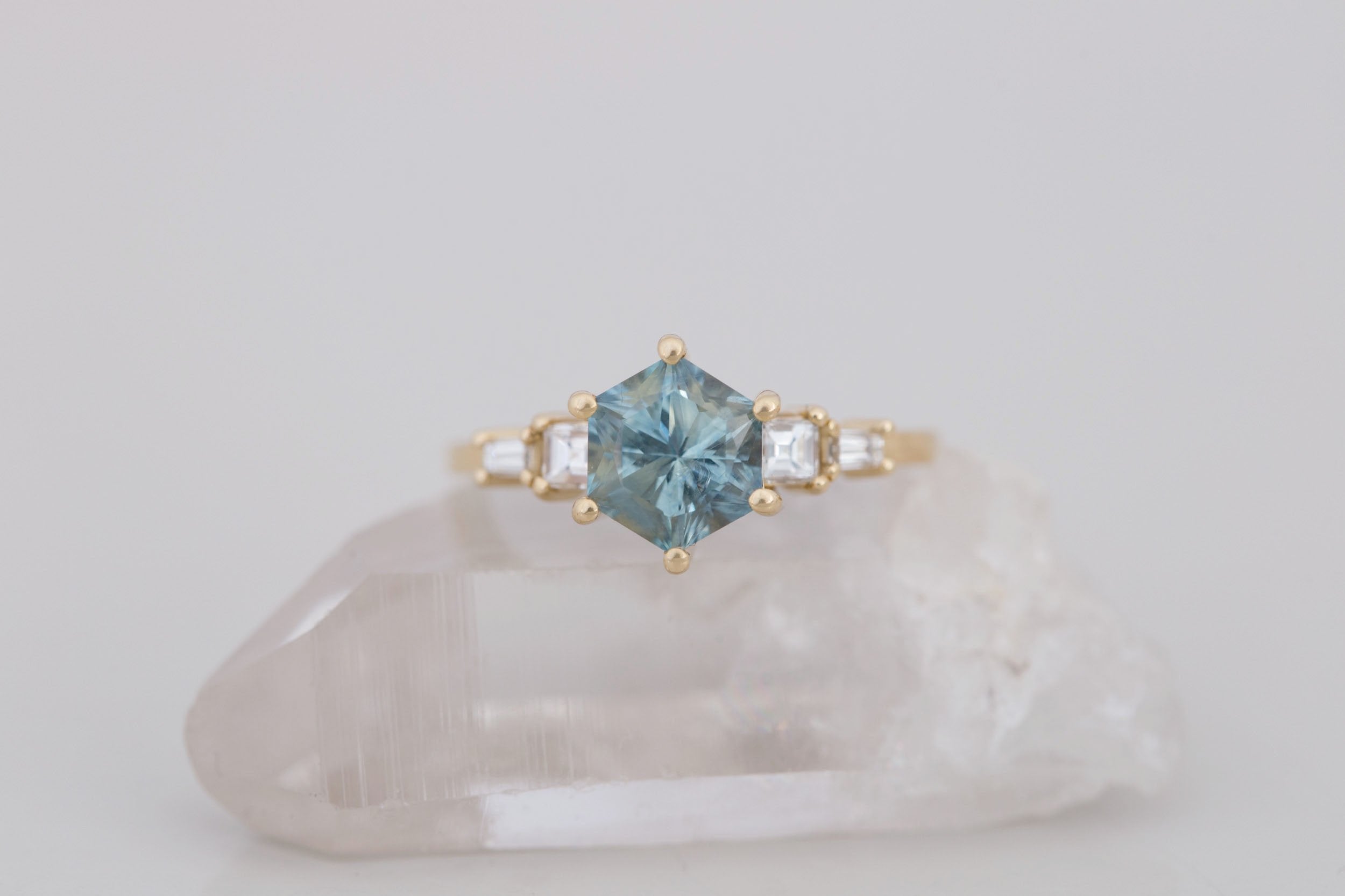 Mira Ring | Mint Montana Hexagon Sapphire + Diamond Step Cut Accent Engagement Ring 1.82 ct | 14k Recycled Gold | One of a Kind