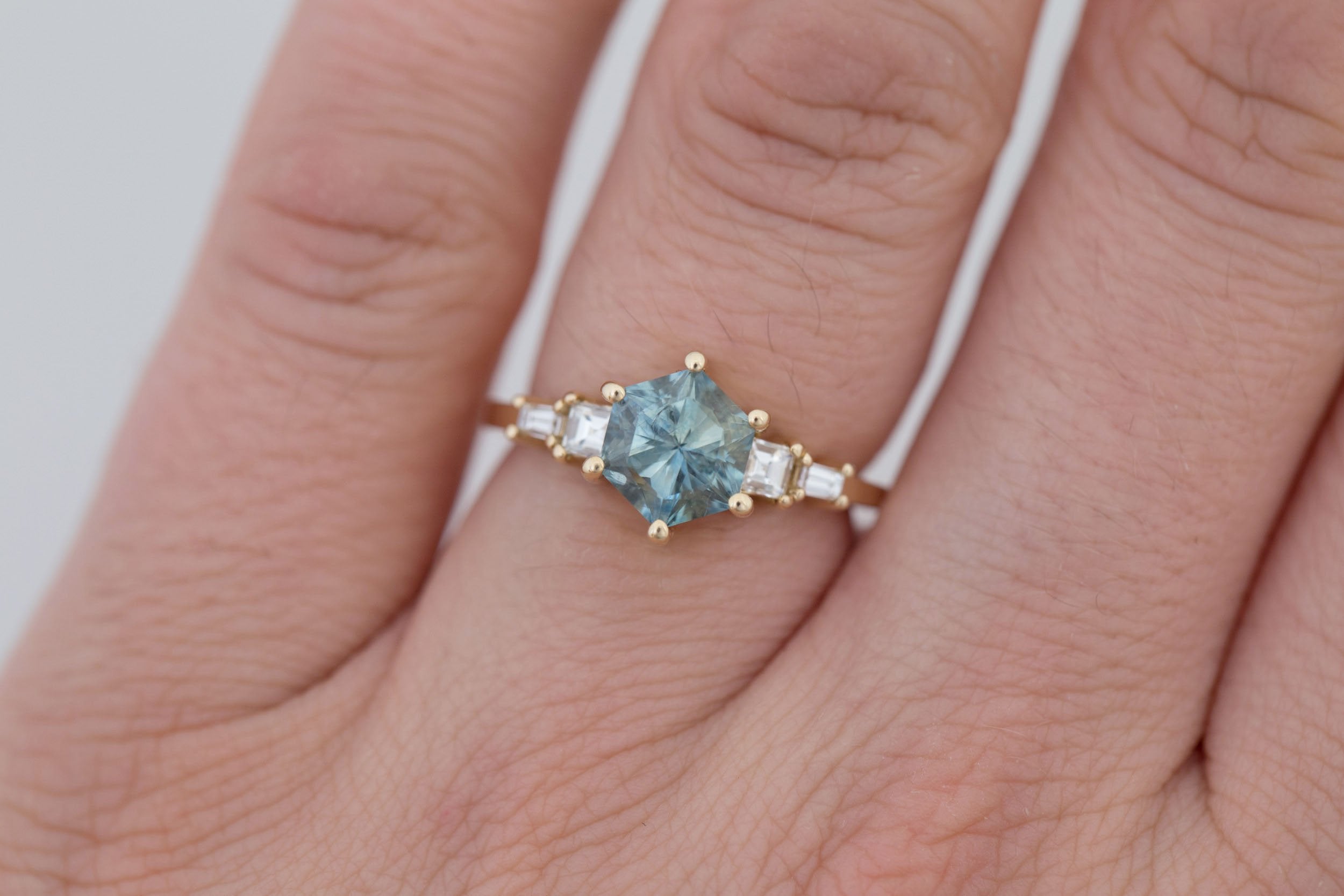 Mira Ring | Mint Montana Hexagon Sapphire + Diamond Step Cut Accent Engagement Ring 1.82 ct | 14k Recycled Gold | One of a Kind