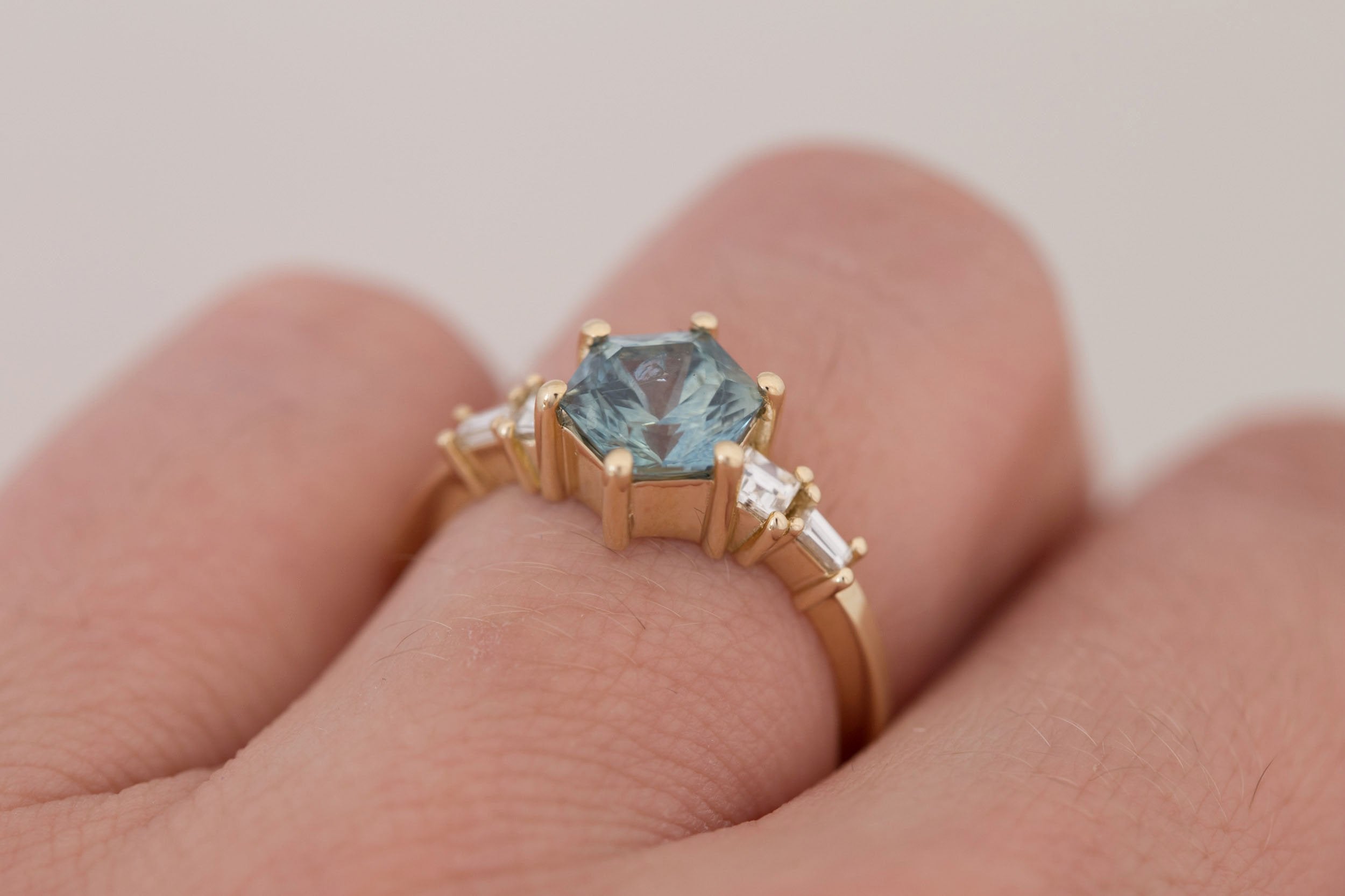 Mira Ring | Mint Montana Hexagon Sapphire + Diamond Step Cut Accent Engagement Ring 1.82 ct | 14k Recycled Gold | One of a Kind