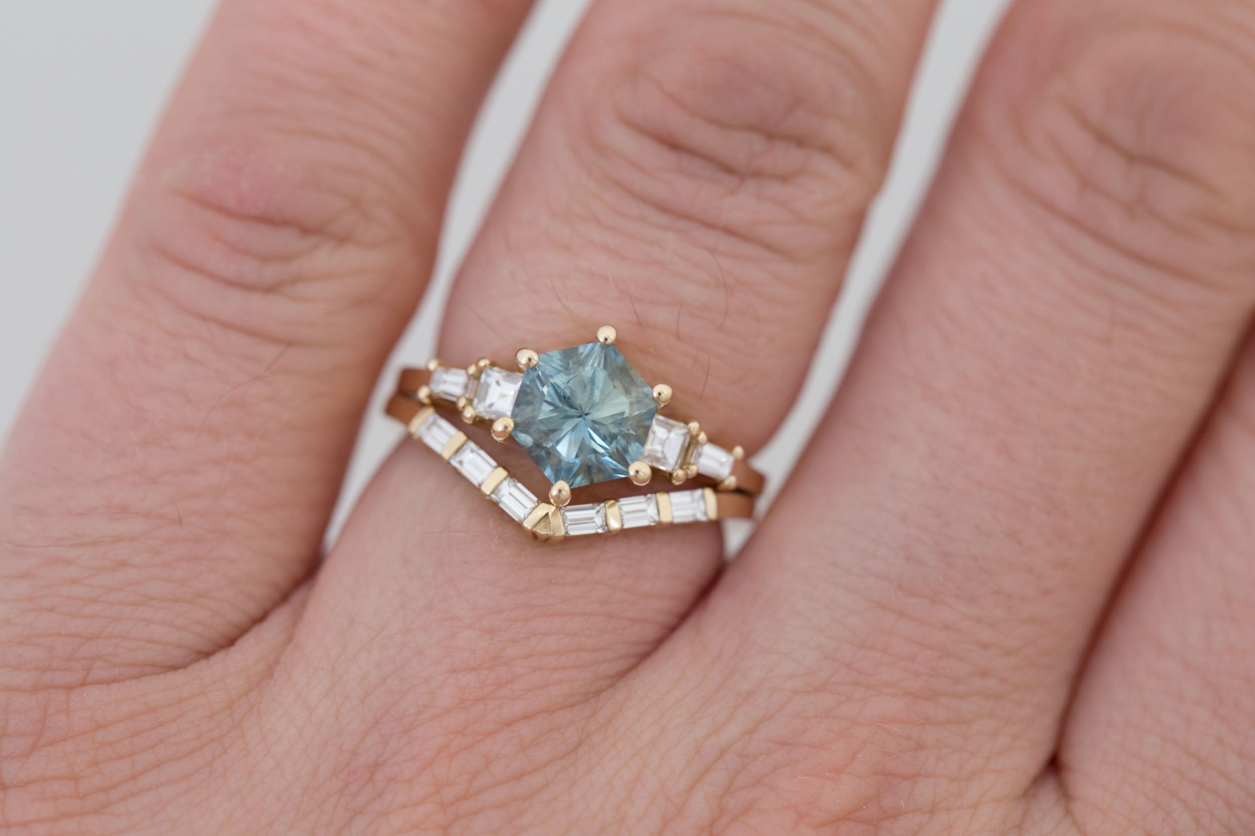 Mira Ring | Mint Montana Hexagon Sapphire + Diamond Step Cut Accent Engagement Ring 1.82 ct | 14k Recycled Gold | One of a Kind
