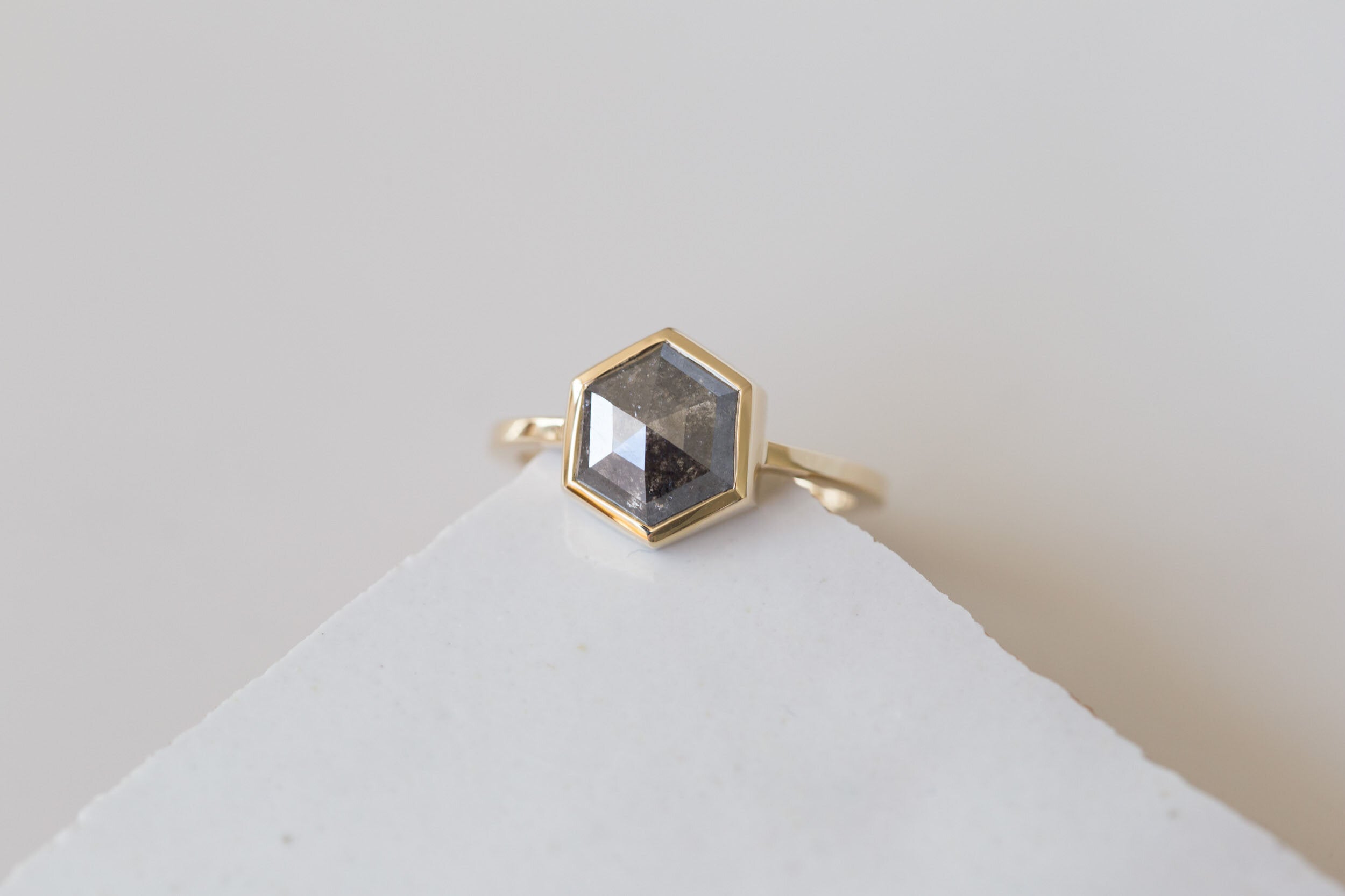 Avens Ring | Salt and Pepper Diamond Hexagon Engagement Ring 1.82 ct | 14k Recycled Gold | One of a Kind