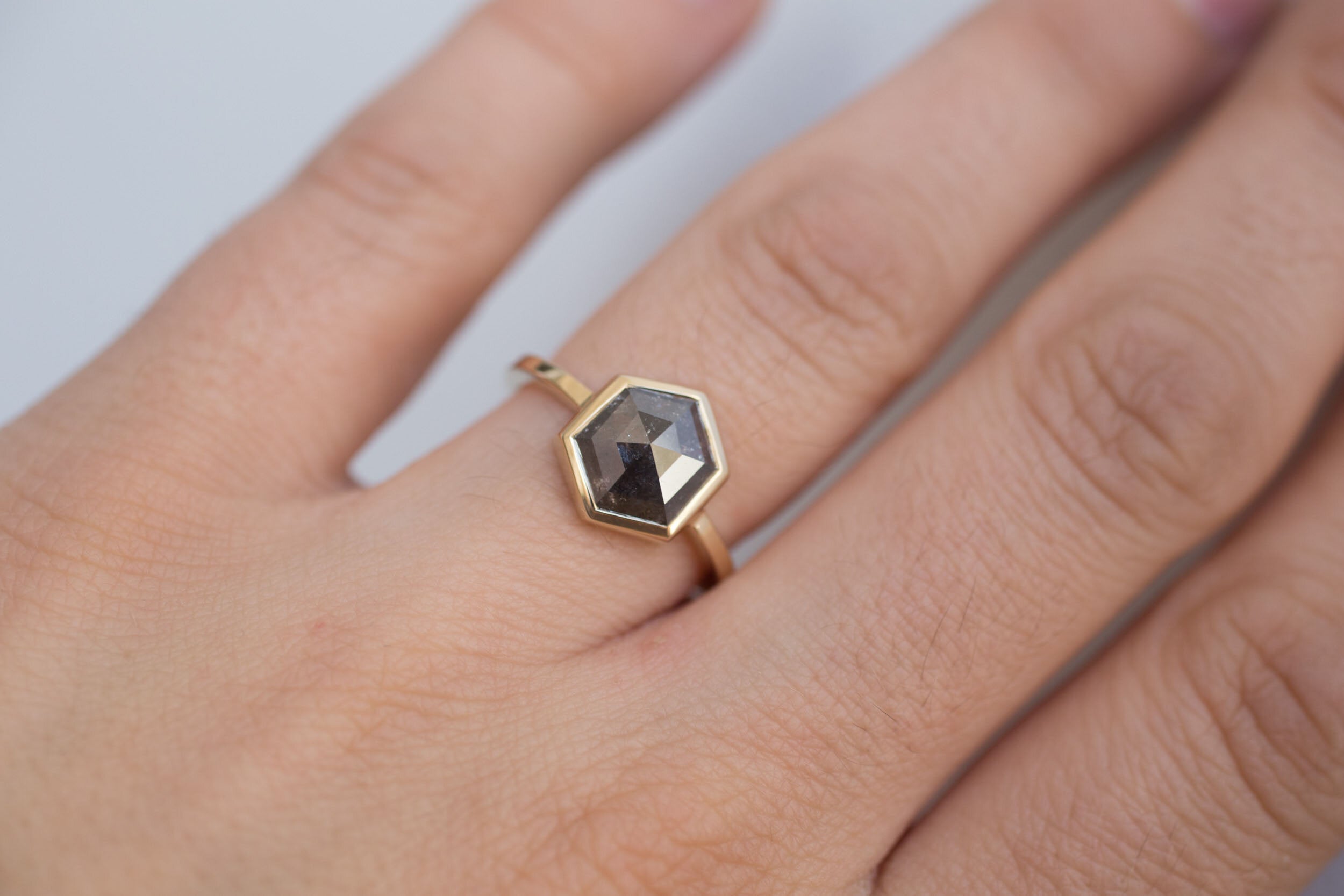 Avens Ring | Salt and Pepper Diamond Hexagon Engagement Ring 1.82 ct | 14k Recycled Gold | One of a Kind