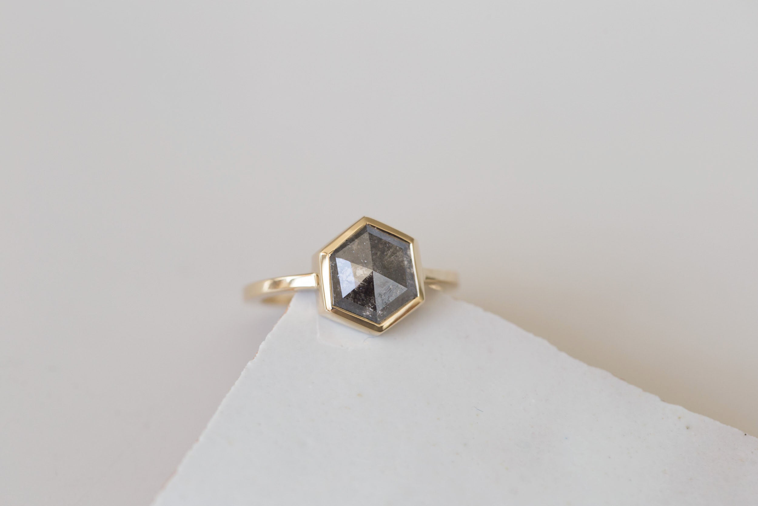 Avens Ring | Salt and Pepper Diamond Hexagon Engagement Ring 1.82 ct | 14k Recycled Gold | One of a Kind