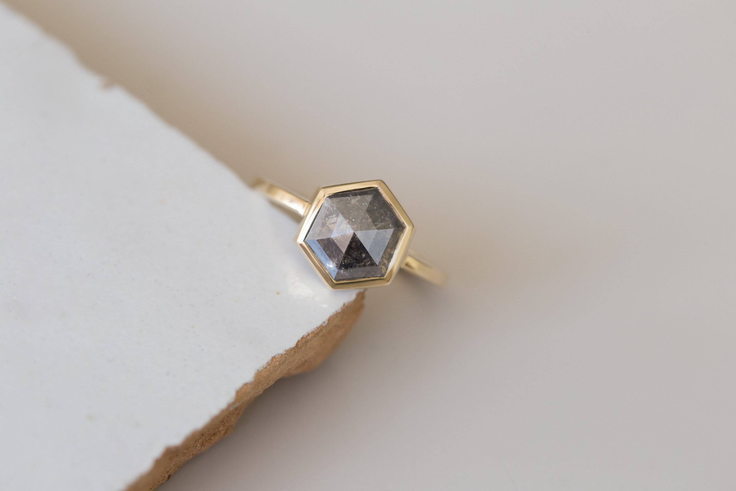 Avens Ring | Salt and Pepper Diamond Hexagon Engagement Ring 1.82 ct | 14k Recycled Gold | One of a Kind