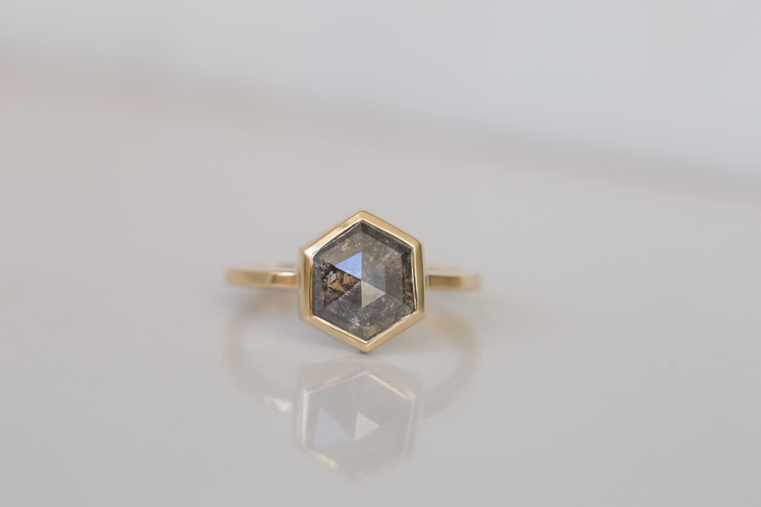 Avens Ring | Salt and Pepper Diamond Hexagon Engagement Ring 1.82 ct | 14k Recycled Gold | One of a Kind