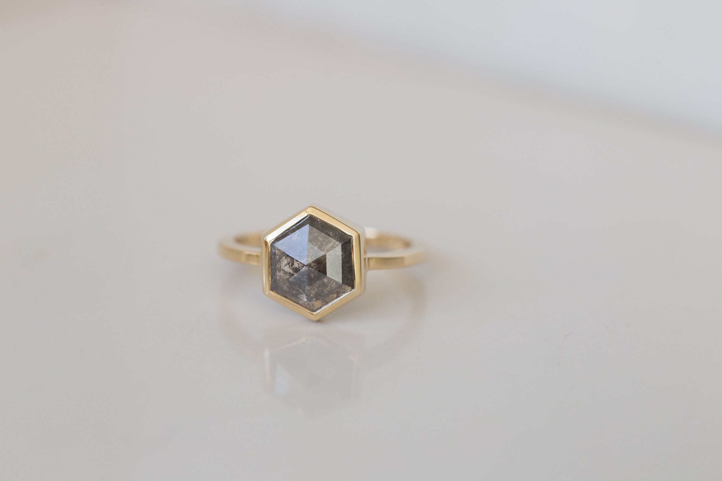 Avens Ring | Salt and Pepper Diamond Hexagon Engagement Ring 1.82 ct | 14k Recycled Gold | One of a Kind