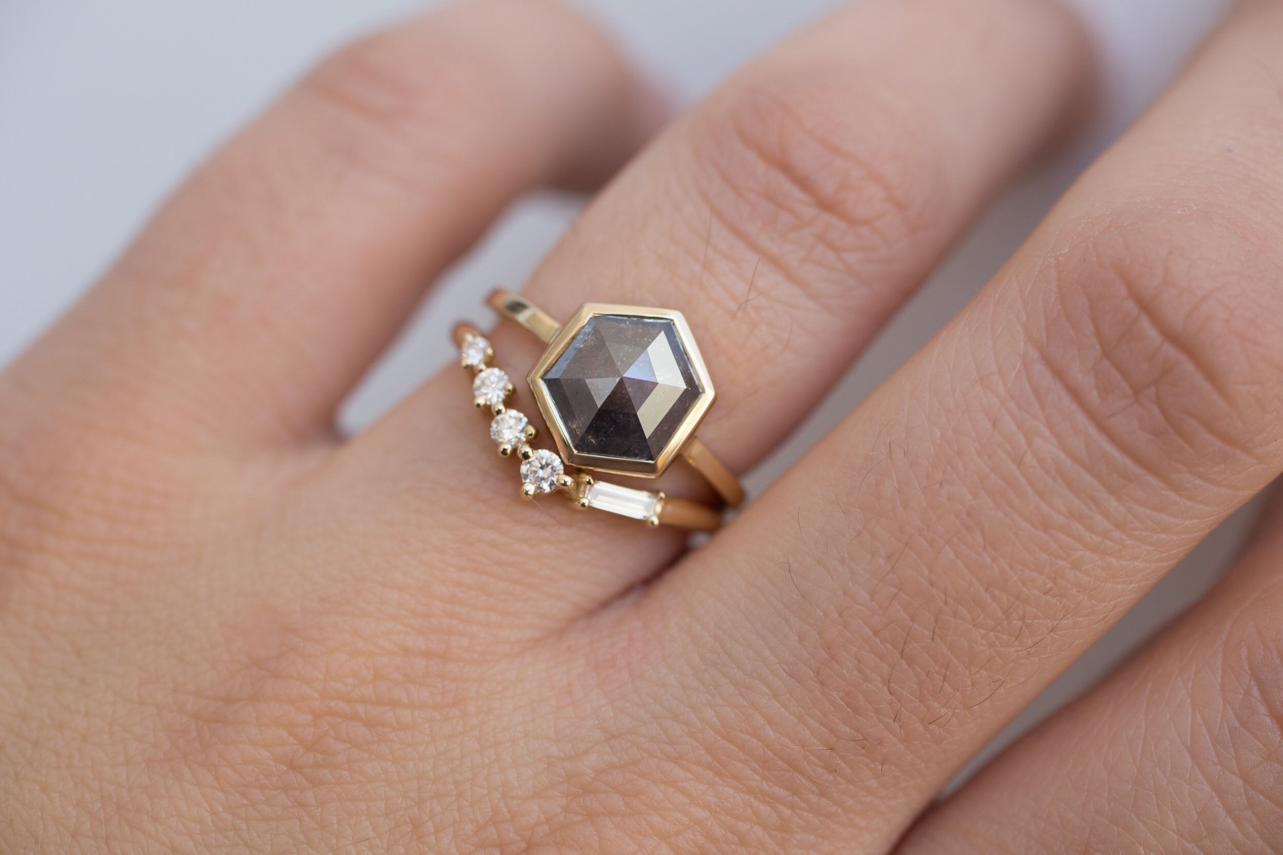Avens Ring | Salt and Pepper Diamond Hexagon Engagement Ring 1.82 ct | 14k Recycled Gold | One of a Kind