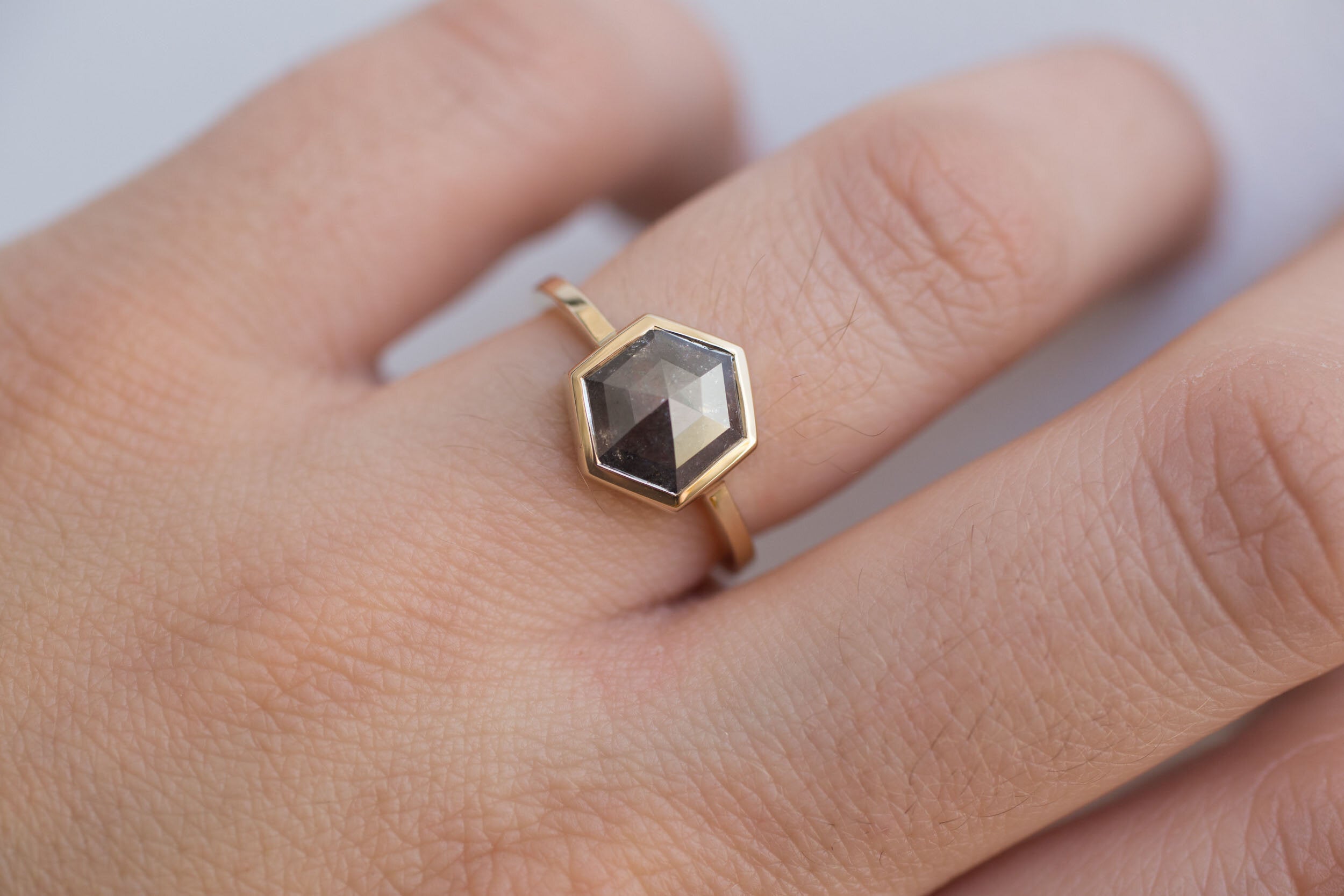 Avens Ring | Salt and Pepper Diamond Hexagon Engagement Ring 1.82 ct | 14k Recycled Gold | One of a Kind