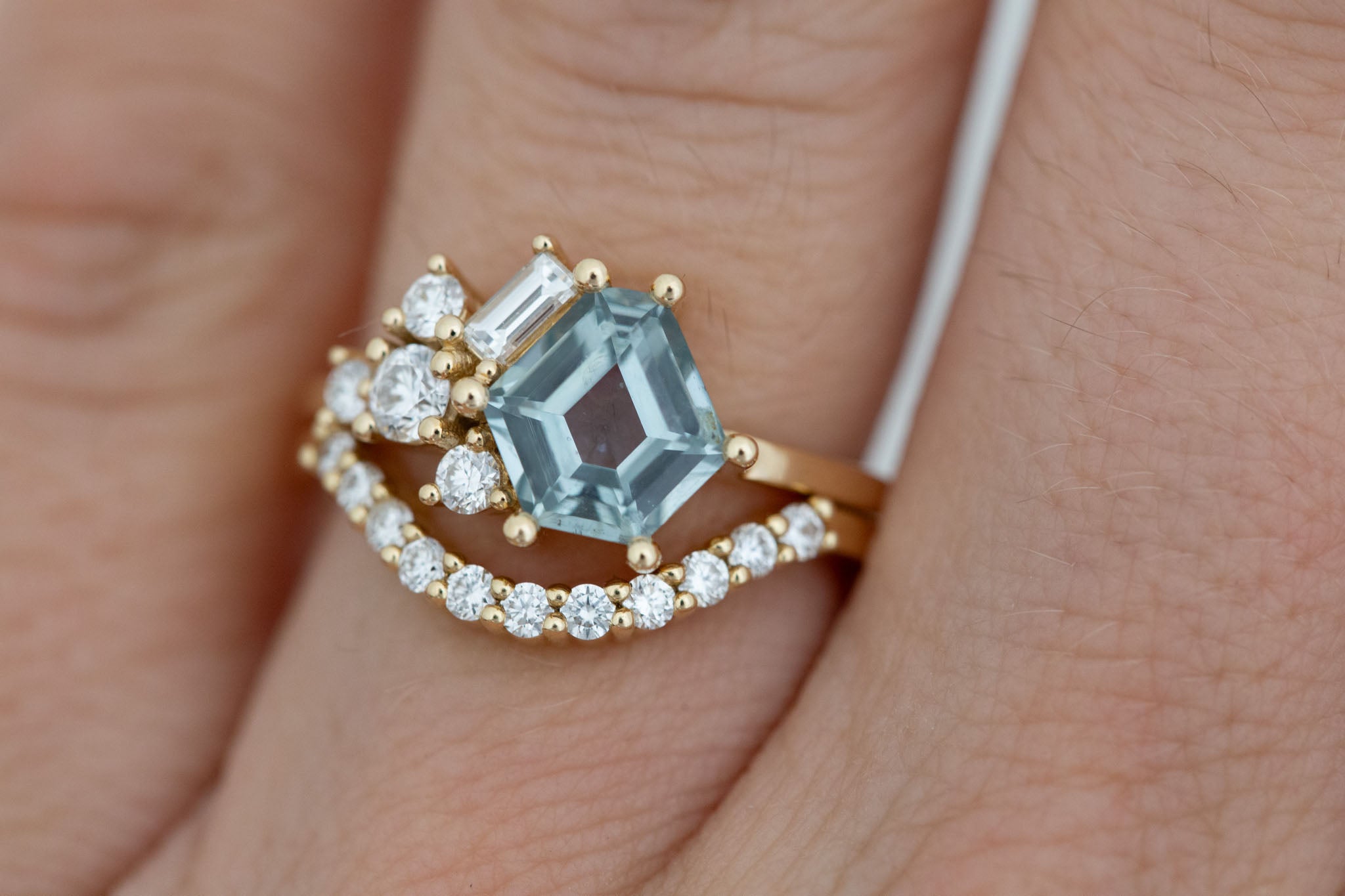 Indra Ring | Mint Hexagonal Montana Sapphire + Diamond Cluster Engagement Ring 1.82 ct | 14k Recycled Gold | One of a Kind