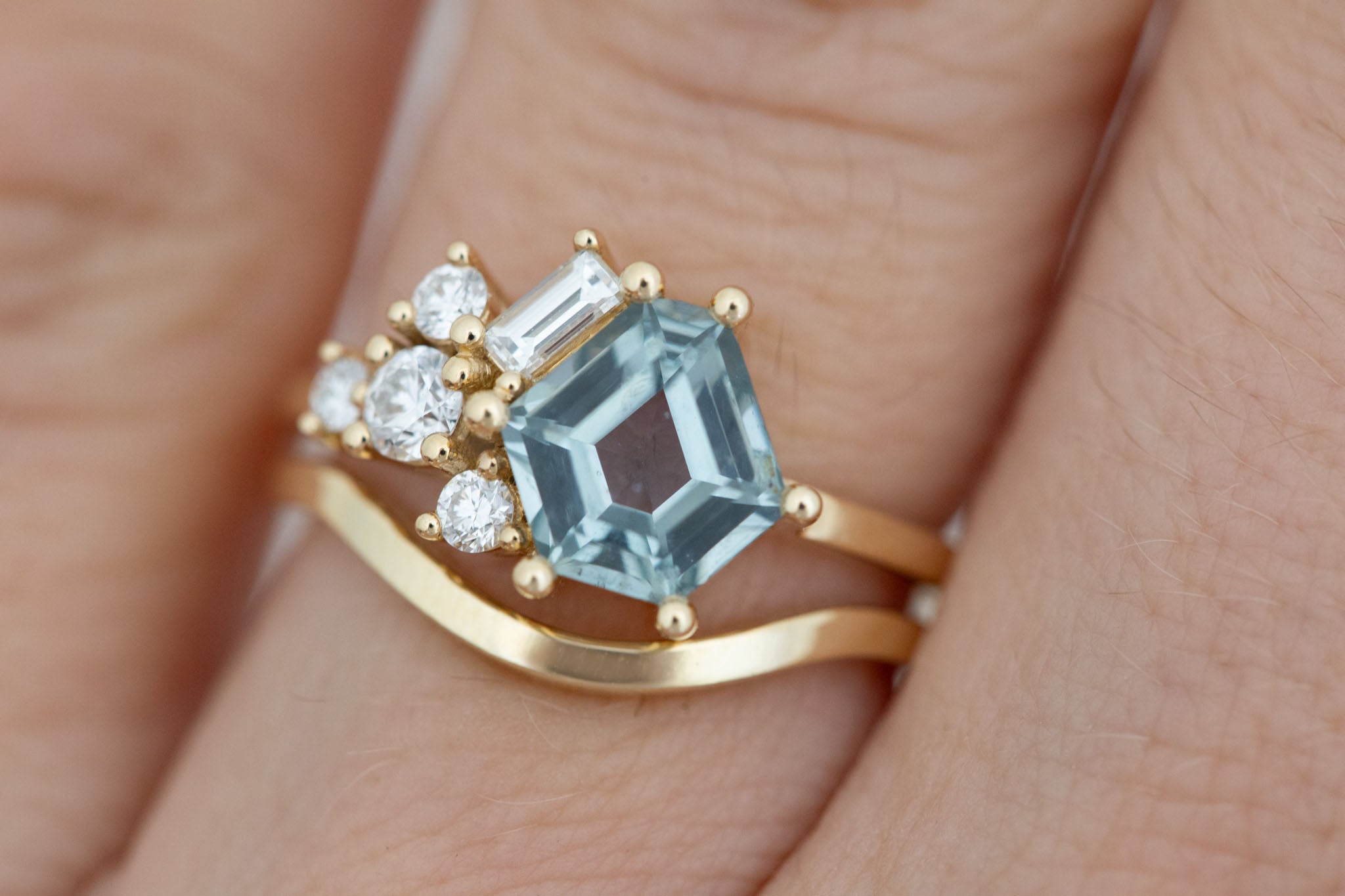 Indra Ring | Mint Hexagonal Montana Sapphire + Diamond Cluster Engagement Ring 1.82 ct | 14k Recycled Gold | One of a Kind