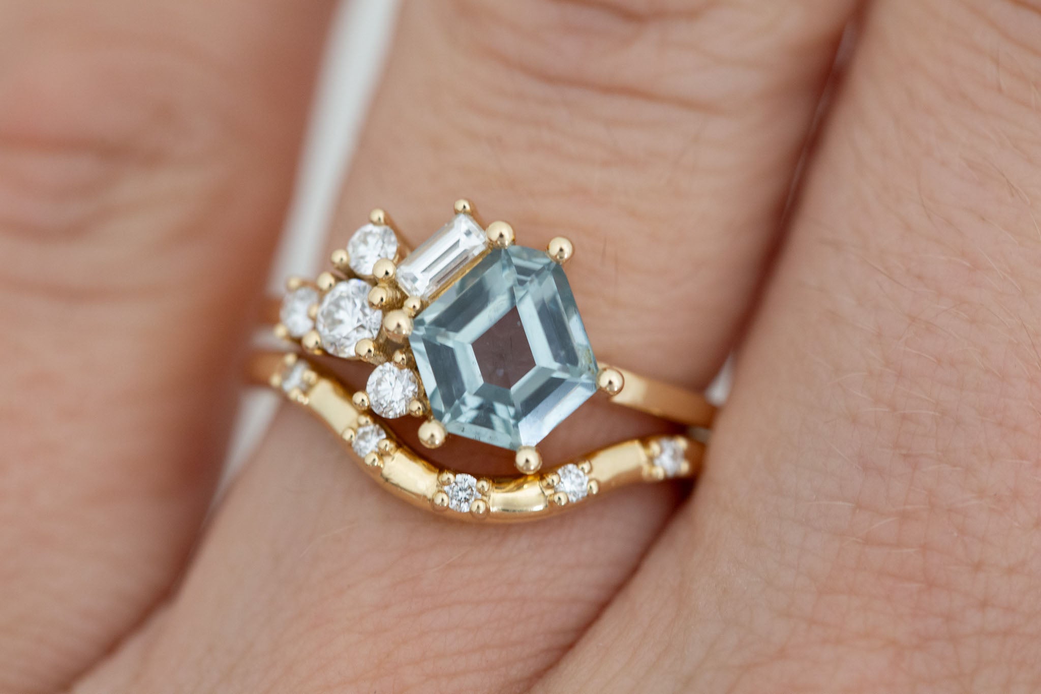 Indra Ring | Mint Hexagonal Montana Sapphire + Diamond Cluster Engagement Ring 1.82 ct | 14k Recycled Gold | One of a Kind