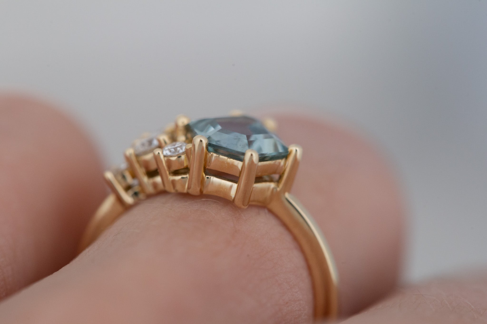 Indra Ring | Mint Hexagonal Montana Sapphire + Diamond Cluster Engagement Ring 1.82 ct | 14k Recycled Gold | One of a Kind