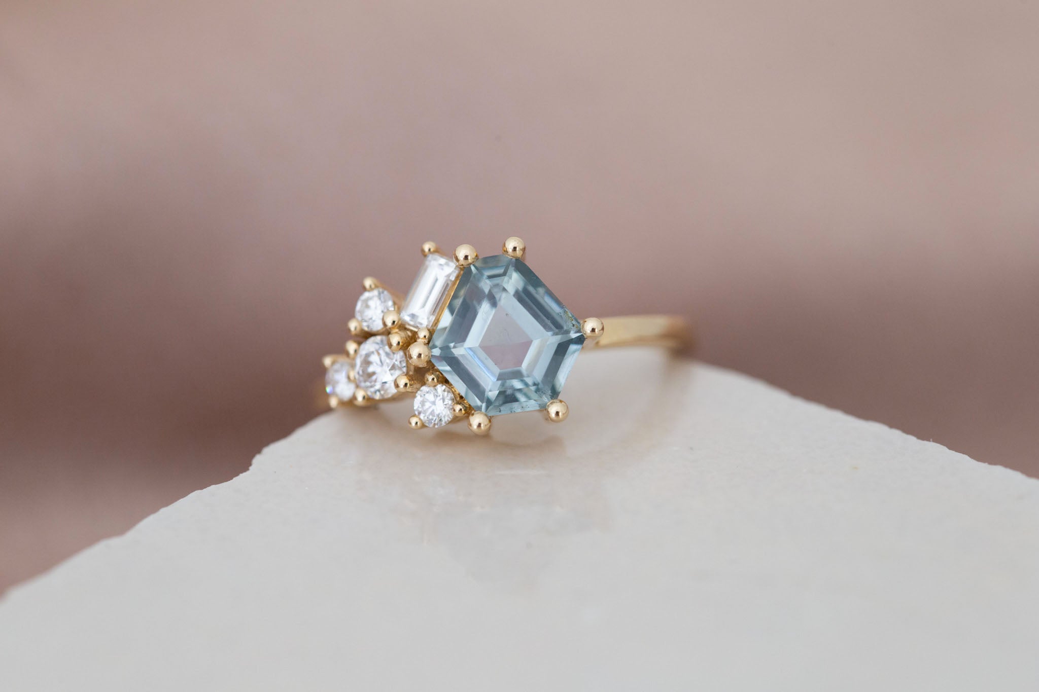 Indra Ring | Mint Hexagonal Montana Sapphire + Diamond Cluster Engagement Ring 1.82 ct | 14k Recycled Gold | One of a Kind