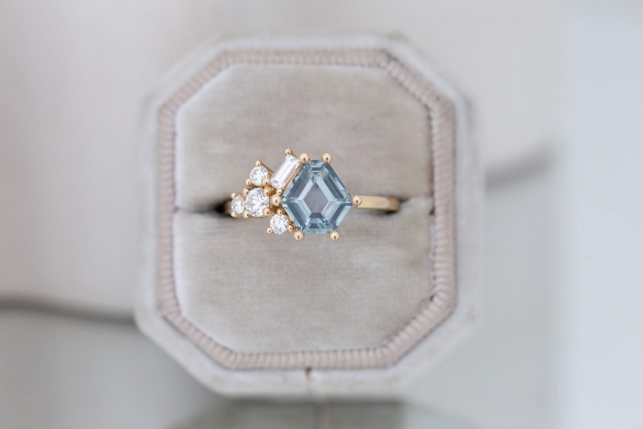 Indra Ring | Mint Hexagonal Montana Sapphire + Diamond Cluster Engagement Ring 1.82 ct | 14k Recycled Gold | One of a Kind