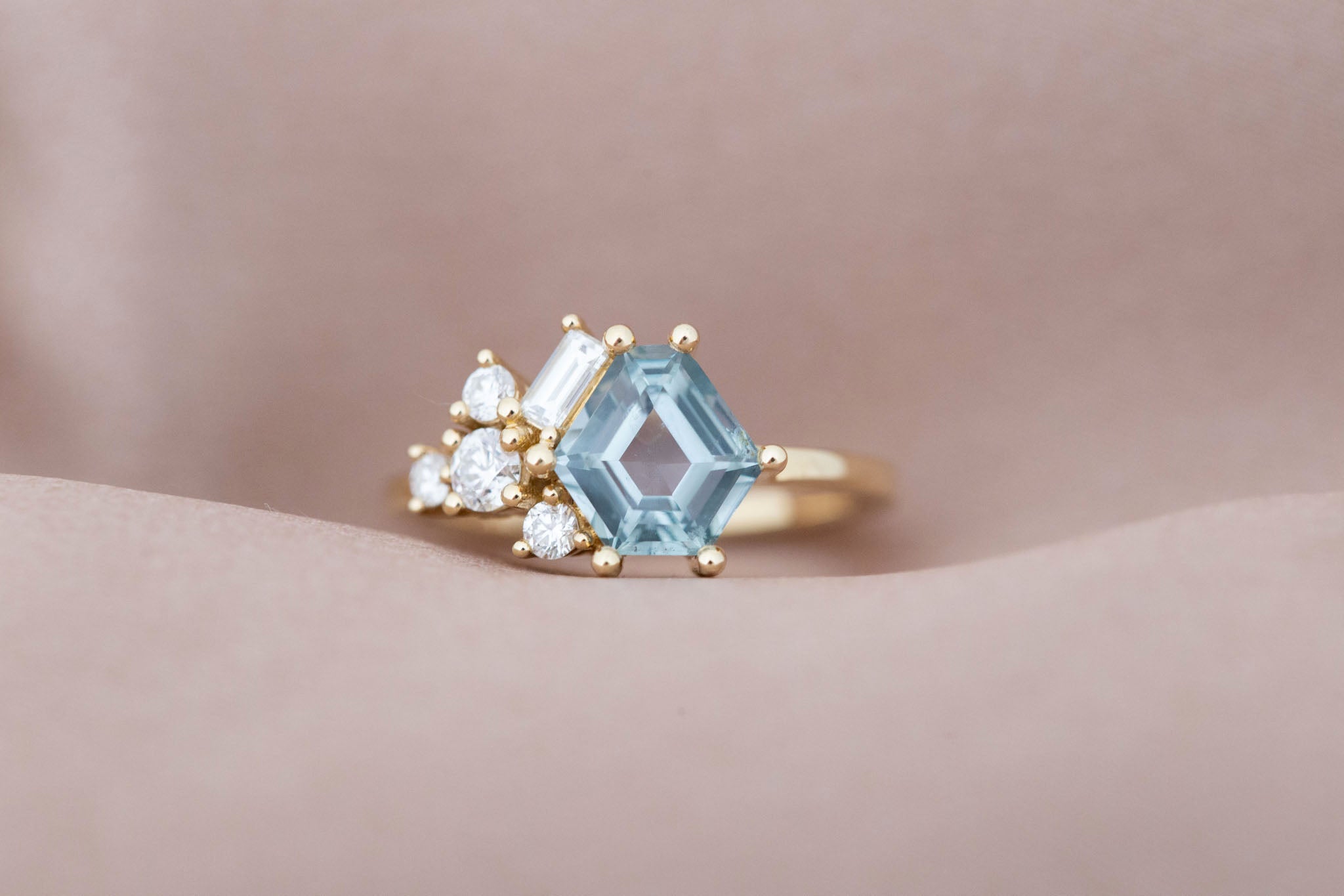 Indra Ring | Mint Hexagonal Montana Sapphire + Diamond Cluster Engagement Ring 1.82 ct | 14k Recycled Gold | One of a Kind