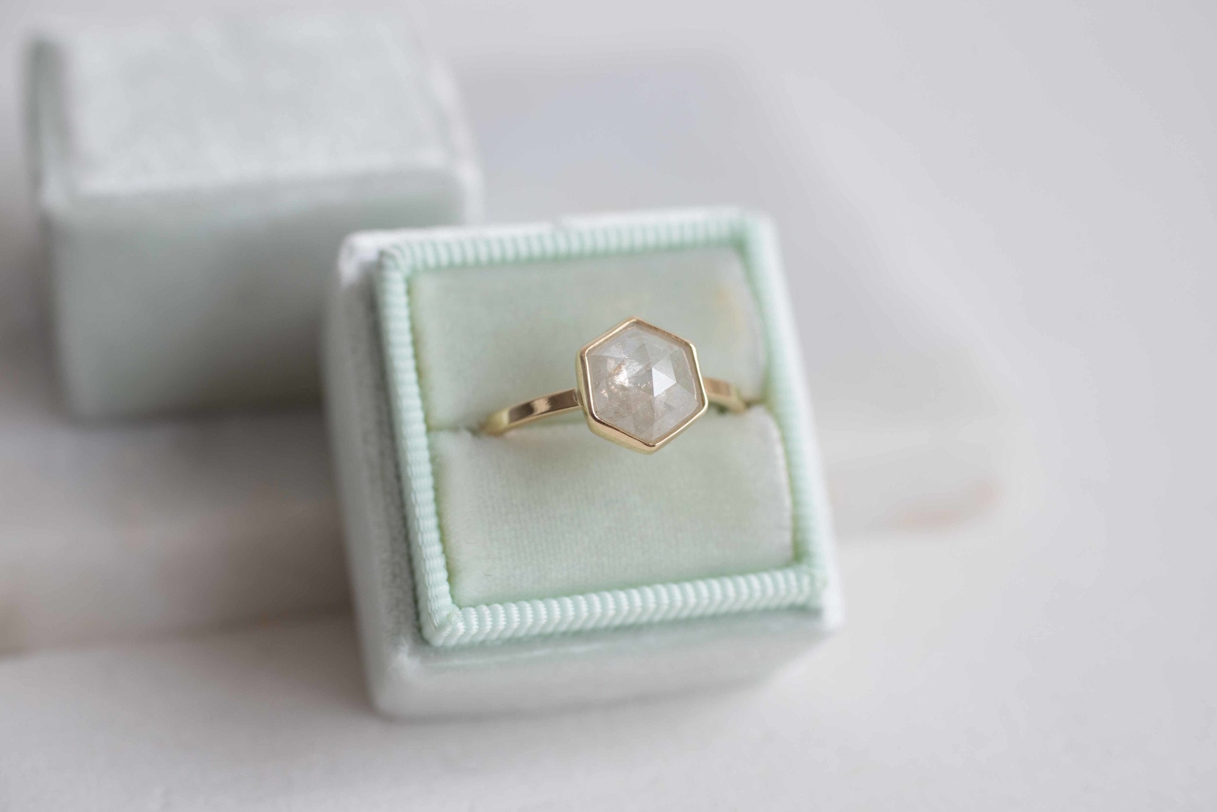 1.83 Ctw Silvery White Hexagon Diamond Solitaire Ring | Geometric Engagement Ring | 14k Recycled Gold | One of a Kind