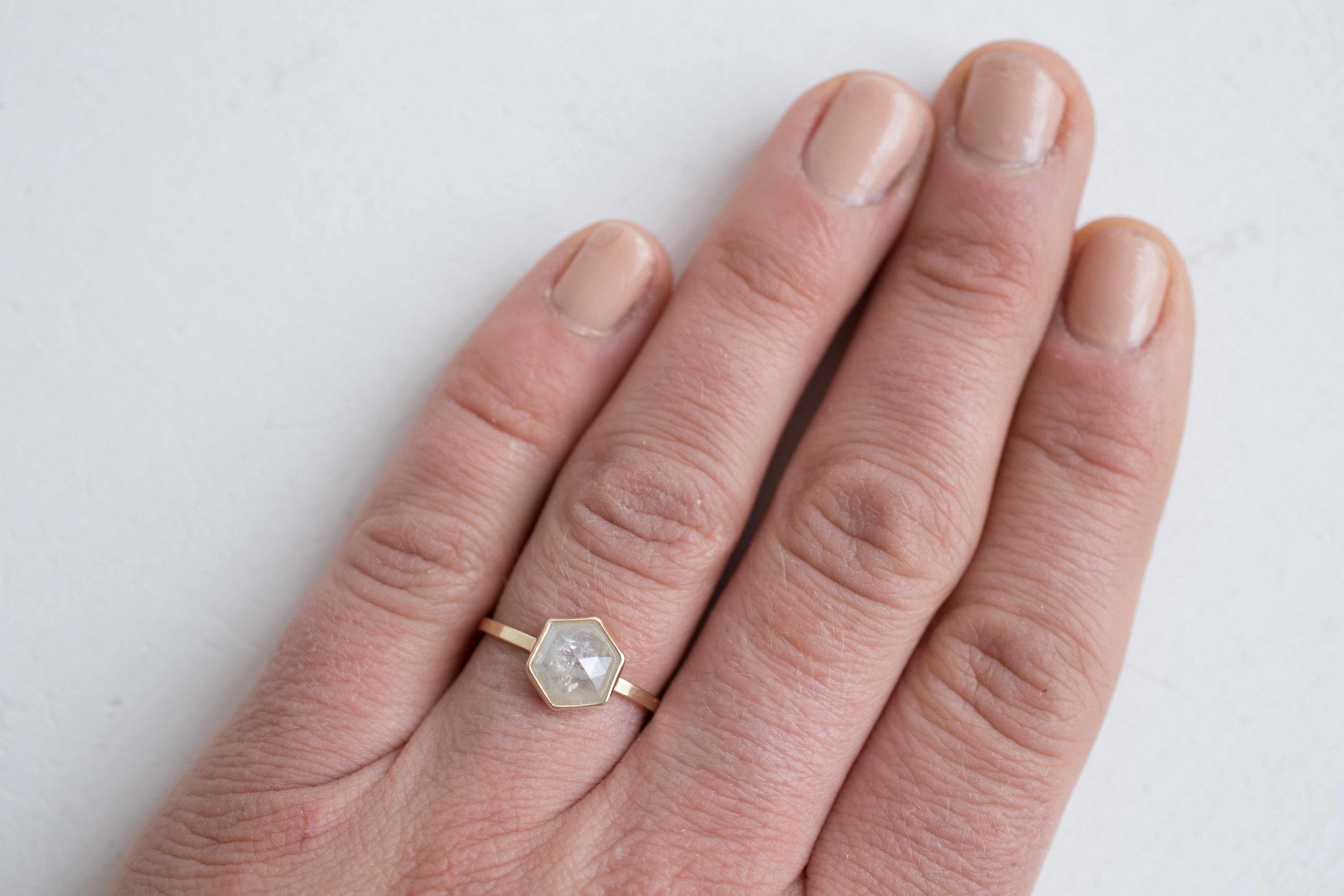 1.83 Ctw Silvery White Hexagon Diamond Solitaire Ring | Geometric Engagement Ring | 14k Recycled Gold | One of a Kind