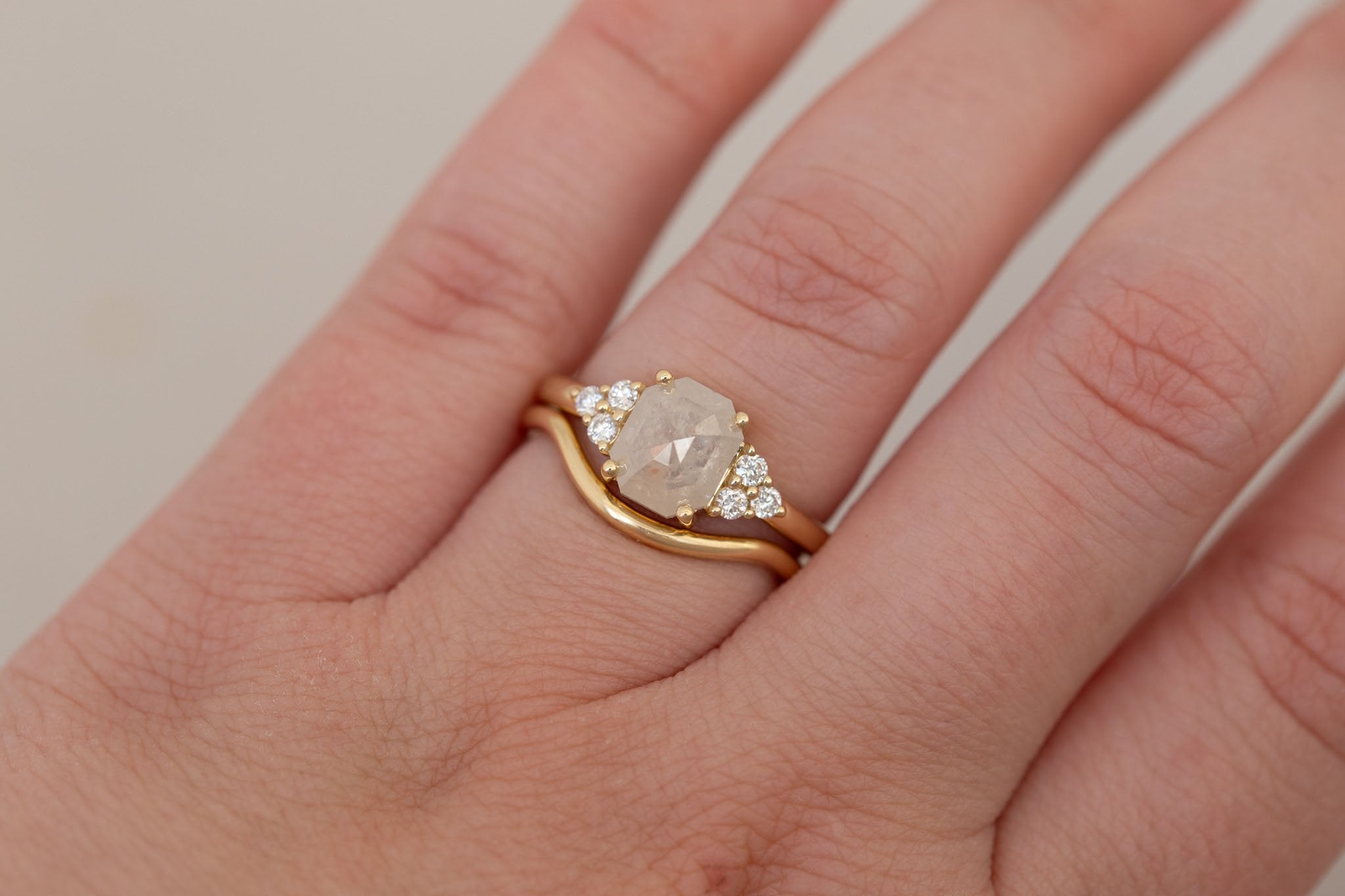 Verona Ring | Icy Emerald Rose Cut Diamond + Round Diamond Accents Engagement Ring 1.84 ct | 14k Recycled Gold | One of a Kind