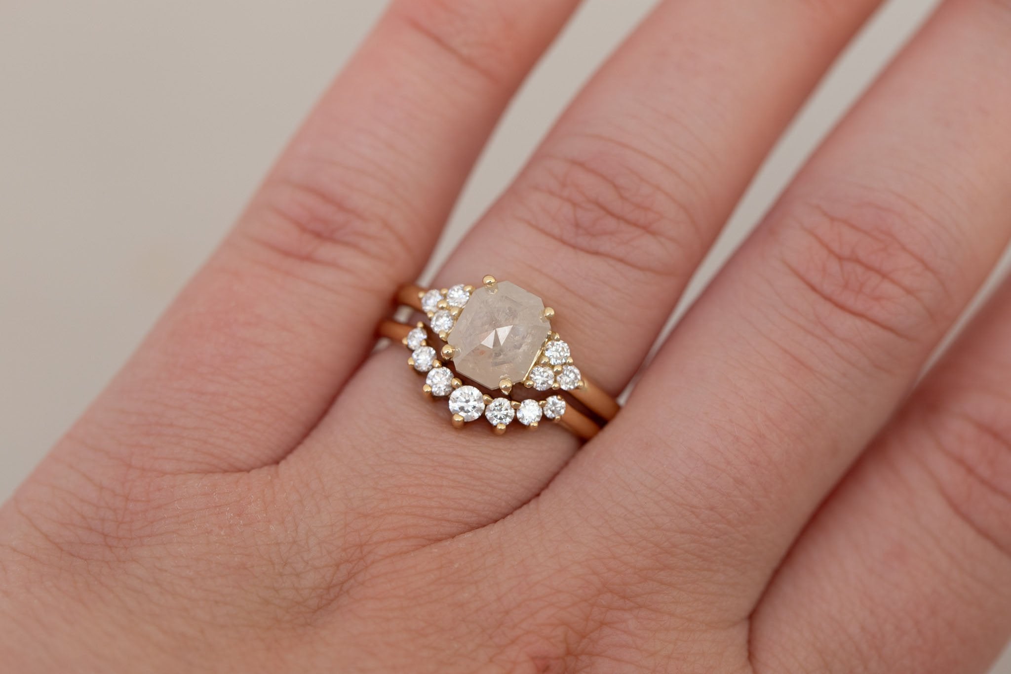 Verona Ring | Icy Emerald Rose Cut Diamond + Round Diamond Accents Engagement Ring 1.84 ct | 14k Recycled Gold | One of a Kind