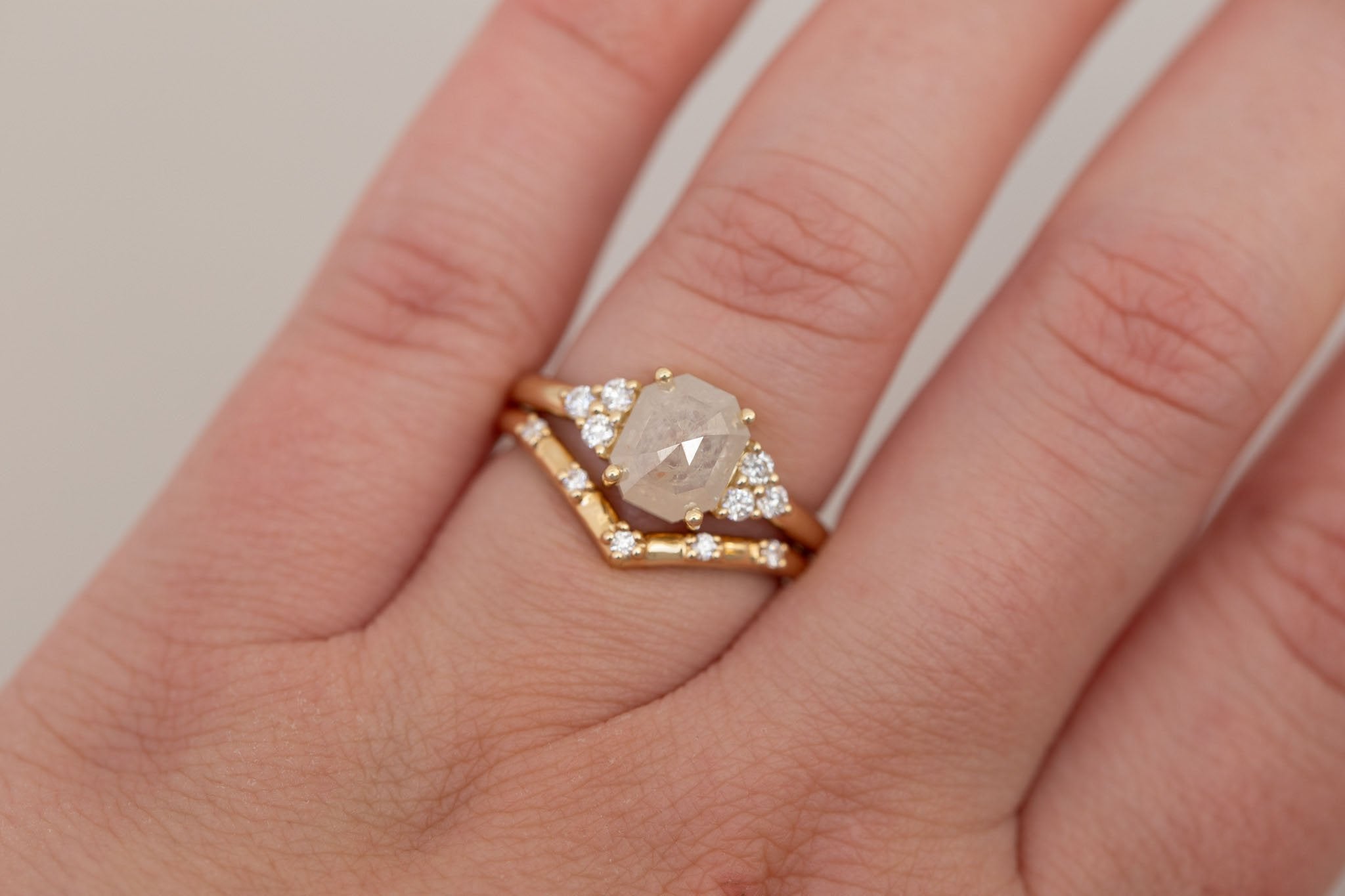 Verona Ring | Icy Emerald Rose Cut Diamond + Round Diamond Accents Engagement Ring 1.84 ct | 14k Recycled Gold | One of a Kind