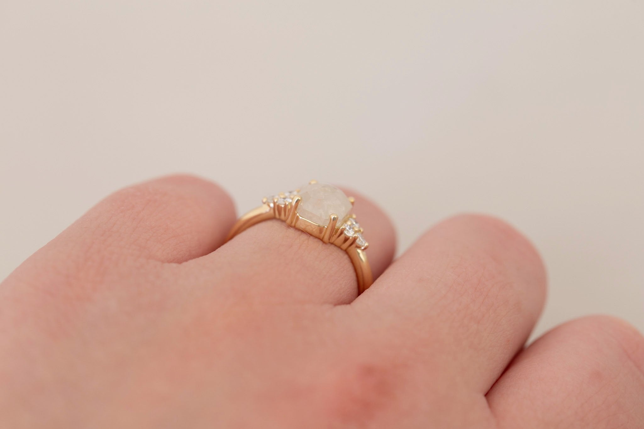 Verona Ring | Icy Emerald Rose Cut Diamond + Round Diamond Accents Engagement Ring 1.84 ct | 14k Recycled Gold | One of a Kind