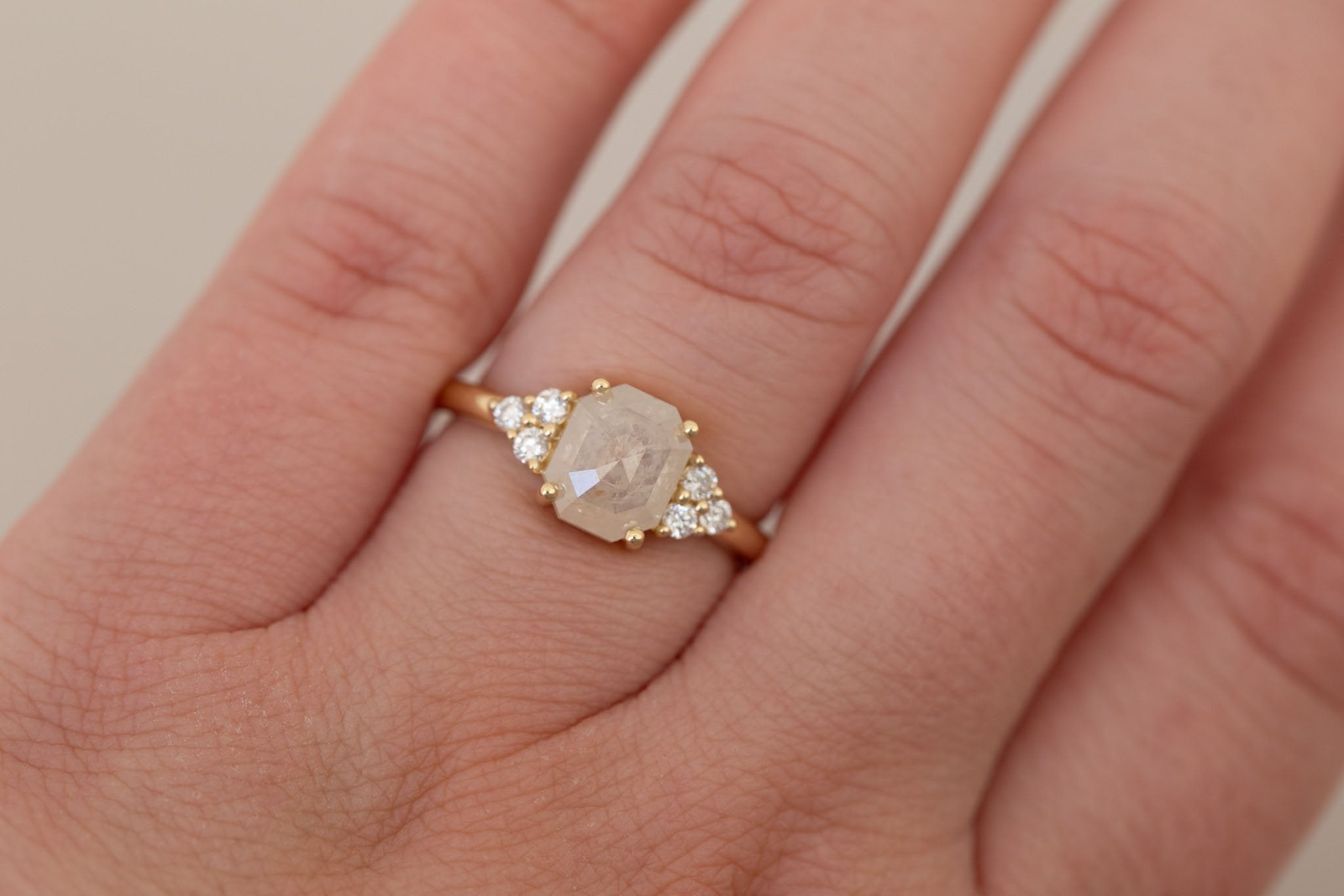 Verona Ring | Icy Emerald Rose Cut Diamond + Round Diamond Accents Engagement Ring 1.84 ct | 14k Recycled Gold | One of a Kind