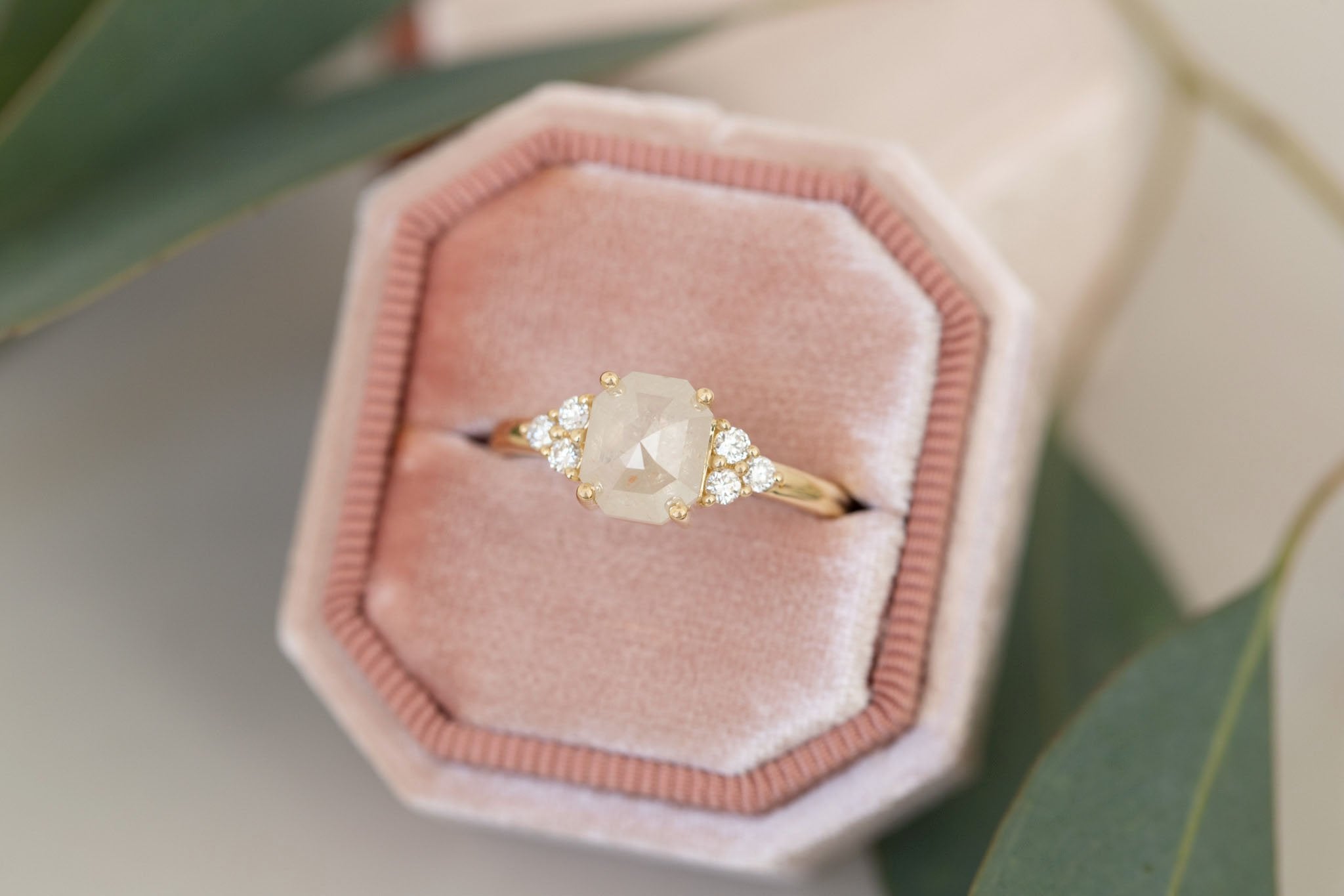 Verona Ring | Icy Emerald Rose Cut Diamond + Round Diamond Accents Engagement Ring 1.84 ct | 14k Recycled Gold | One of a Kind